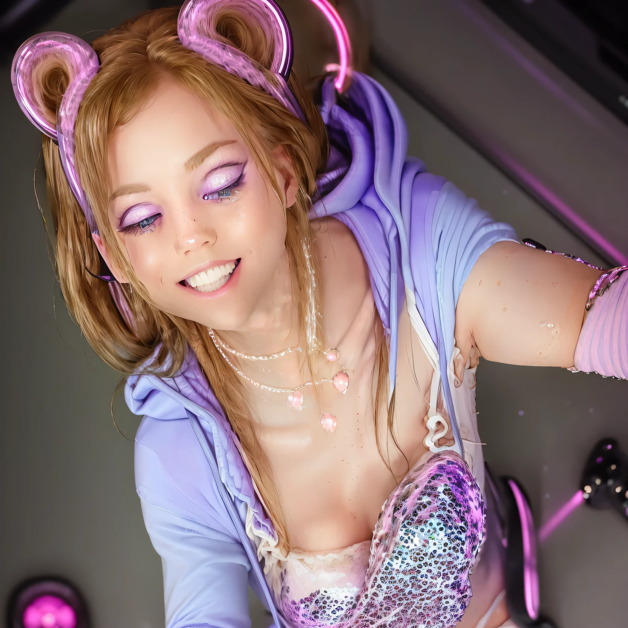 jessicagraham (masterpiece,best quality,ultra detailed,8k) 1girl, cute girl wearing a purple hoodie and pink headphones performing as a dj at a nightclub, lazer lights, pink, purple, blue, winking