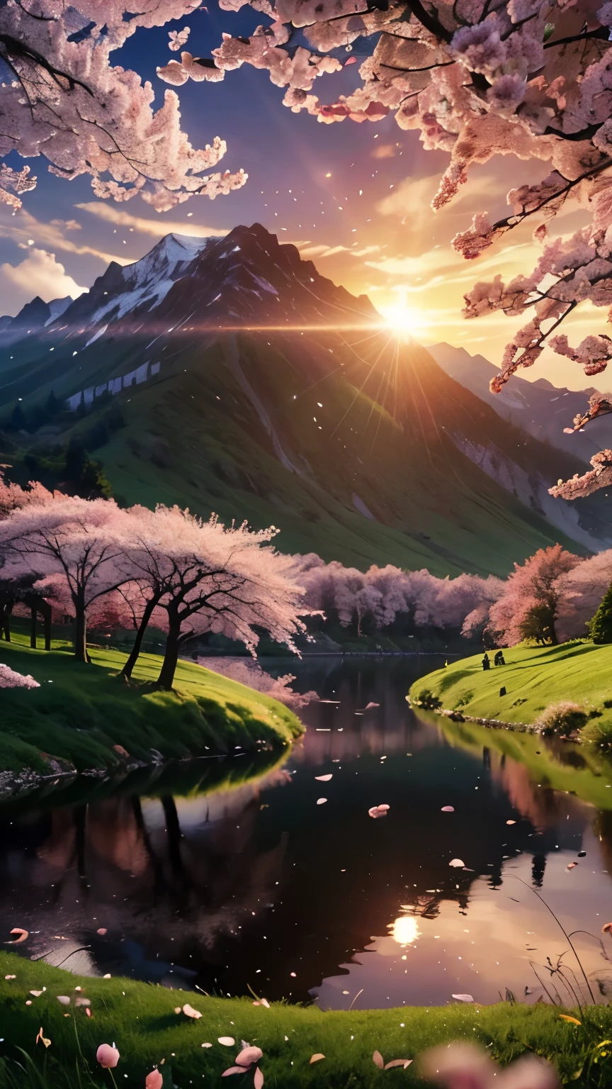 ((LOGO, AMAZING, 8K, TABLETOP, RAW PHOTO, Awesome, Top Quality, Photorealistic and Highly Detailed CG Integrated 8K Wallpaper, High Quality, Highly Detailed, Narrative Verse, Particle Effects, Dynamic Effects, Text Border Depth, Cinematic Light, Lens Flare, Ray Tracing, Tabletop, Real: 1.4, Ultra HD: 1.2, Real, Real)), Fantasy, Anatomically Correct, Wind, Beauty of Mountains and Forests and shine, the world's silence and beauty of the meadow, the vast land, the lakeside, the wonderful scenery, the beautiful natural scenery, the wind, the cherry blossoms, the cherry blossom petals are dancing, the cherry blossom blizzard, the falling petals.