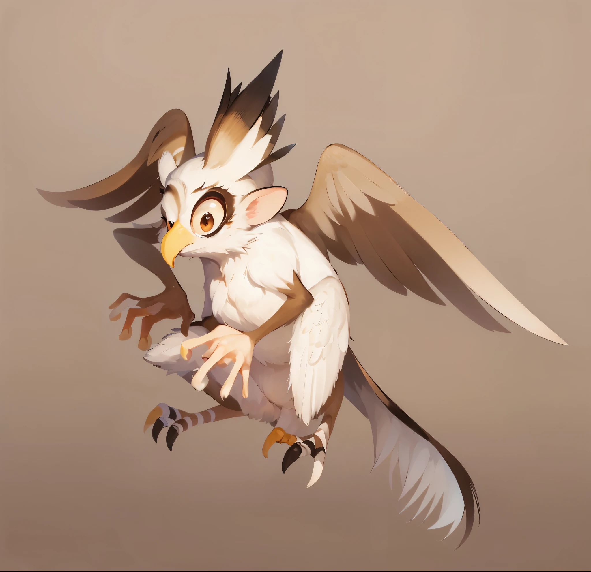 a combination of an eagle and a bushbaby, bushbaby head with small beak, big eyes, small ears, Crest feathers, bushbaby body, bushbaby arms, bird feet, brown and white wings, long bird tail, (brown white fur feathers)