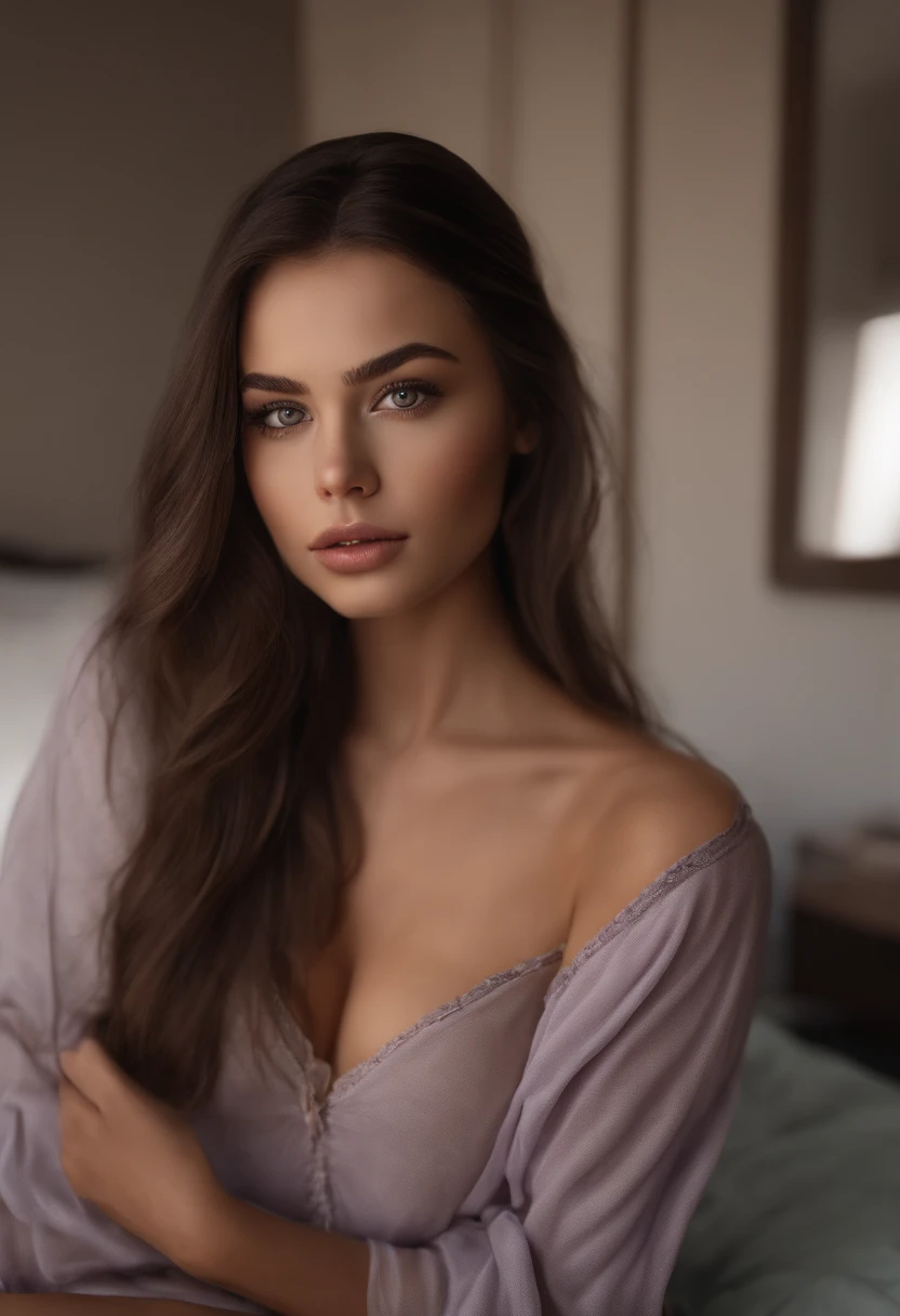 arafed woman fully , sexy girl with green eyes, ultra realistic, meticulously detailed, portrait sophie mudd, dark brunette hair and medium eyes, selfie of a young woman, bedroom eyes, violet myers, without makeup, natural makeup, looking directly at the camera, face with artgram, subtle makeup, stunning full body shot kneeling on bed, in bedroom, medium to large size bust