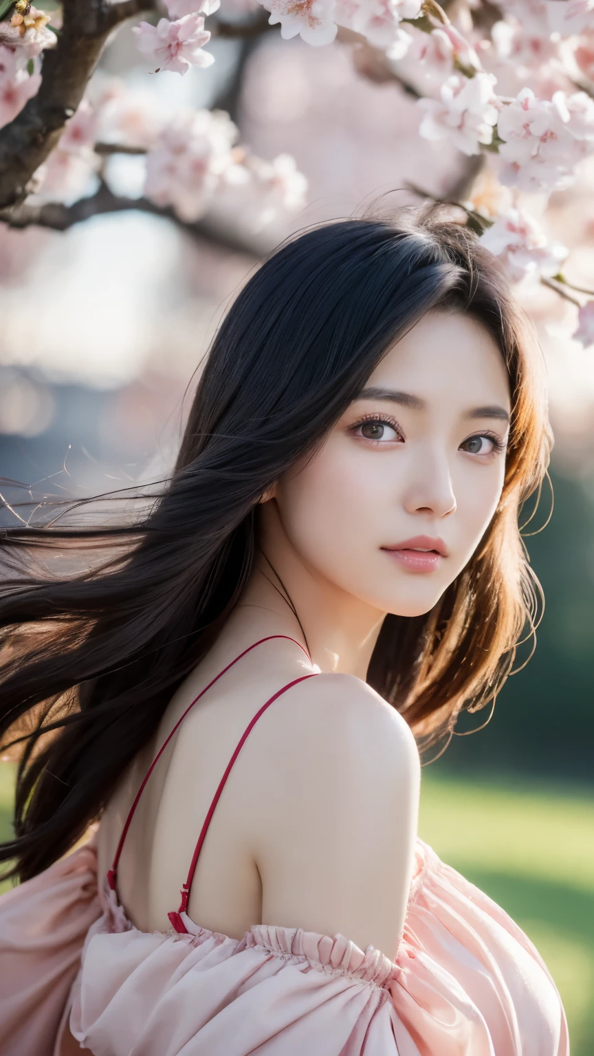 (logo、masterpiece、8K、table top、Raw photo、wonderful、最high quality、Photorealistic and very detailed CG integrated 8k wallpaper、high quality、very detailed、narrative poem、particle effects、dynamic effects、Depth of the bounds written、cinematic light、Lens flare、ray tracing)、fantasy、 (1 beautiful woman、dress、dress、cherry blossom pattern、black haired、beautiful face、real face、beautiful details eyes beautiful skin)、My hair dances in the wind、Hair flutters in Wind、hair bounces、pink cherry tree、petals dance、SakuraFubuki、Spectacular view、sunrise、sun on background、Wind、