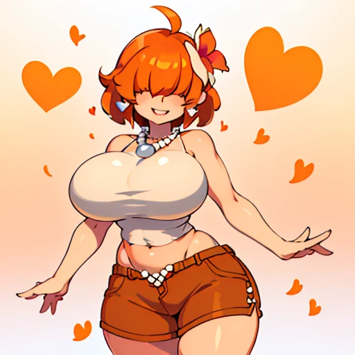 ,High quality,Female ,((hair covering eyes,fluffy hair,short hair,Teeth,smiling,(bigbreasts),solo,orange hair,toned,Earrings,Curvy legs,2 arms, Pearl Necklace, floating hearts,She has a flower in her hair,brown shorts 