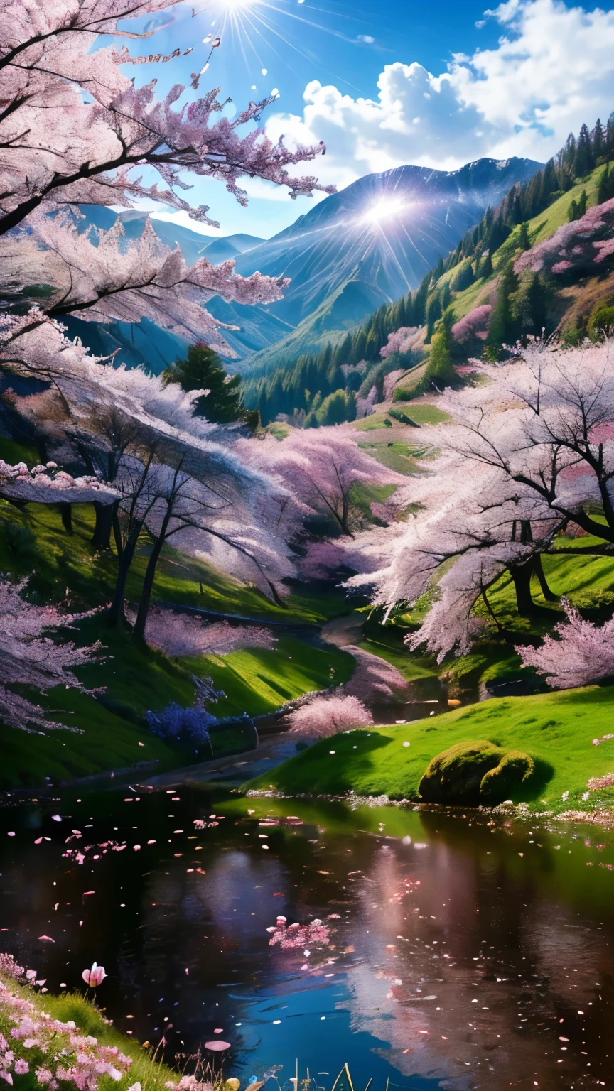 ((LOGO, AMAZING, 8K, TABLETOP, RAW PHOTO, Awesome, Top Quality, Photorealistic and Highly Detailed CG Integrated 8K Wallpaper, High Quality, Highly Detailed, Narrative Verse, Particle Effects, Dynamic Effects, Text Border Depth, Cinematic Light, Lens Flare, Ray Tracing, Tabletop, Real: 1.4, Ultra HD: 1.2, Real, Real)), Fantasy, Anatomically Correct, Wind, Beauty of Mountains and Forests and shine, the world's silence and beauty of the meadow, the vast land, the lakeside, the wonderful scenery, the beautiful natural scenery, the wind, the cherry blossoms, the cherry blossom petals are dancing, the cherry blossom blizzard, the falling petals.