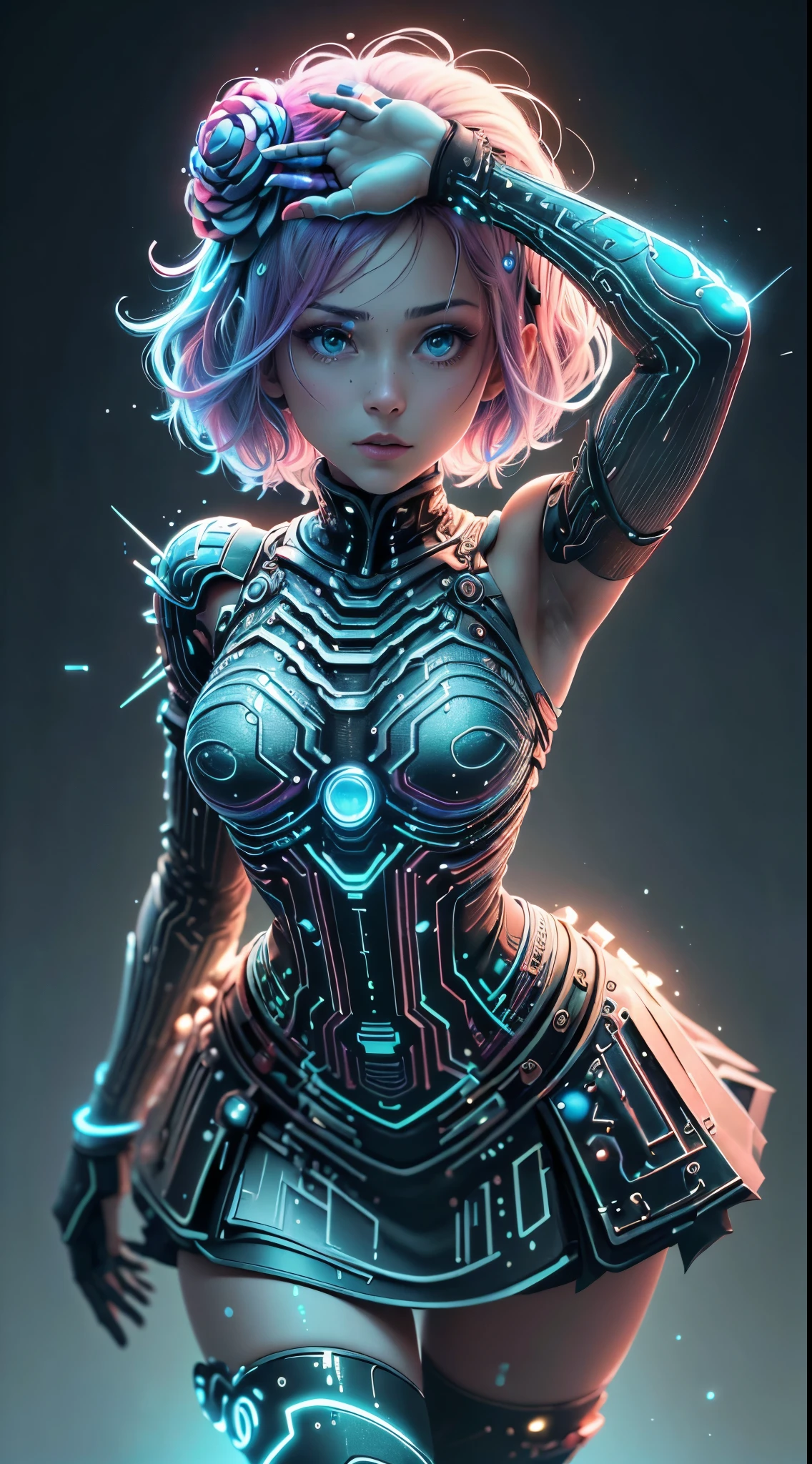 ((mejor calidad)), ((obra maestra)), (detallado: 1.4), ..3D, una imagen de una hermosa mujer ciberpunk con cabello grueso y voluminoso, light particules, Pure energy, caos, antitech, HDR (High Dymanic Range), Trazado de rayos ,laboratorio:1.4, NVIDIA RTX, Super-Resolution, Irreal 5, Subsurface dispersion, PBR texturizado, posprocesamiento, Anisotropic filtering, profundidad de campo, Maximum clarity and sharpness, Texturas multicapa, Albedo y mapas especulares, sombreado de superficie, Accurate simulation of light-material interaction,proporciones perfectas,octane representation,two tone lighting,apertura amplia,ISO bajo,balance de blancos,(fondo azul+rosado:1.4),manos detailed:1.4, Regla de los tercios,RAW 8K, motor irreal:1.4,UHD,La mejor calidad:1.4, fotorrealista:1.4, textura de la piel:1.4, obra maestra:1.8,