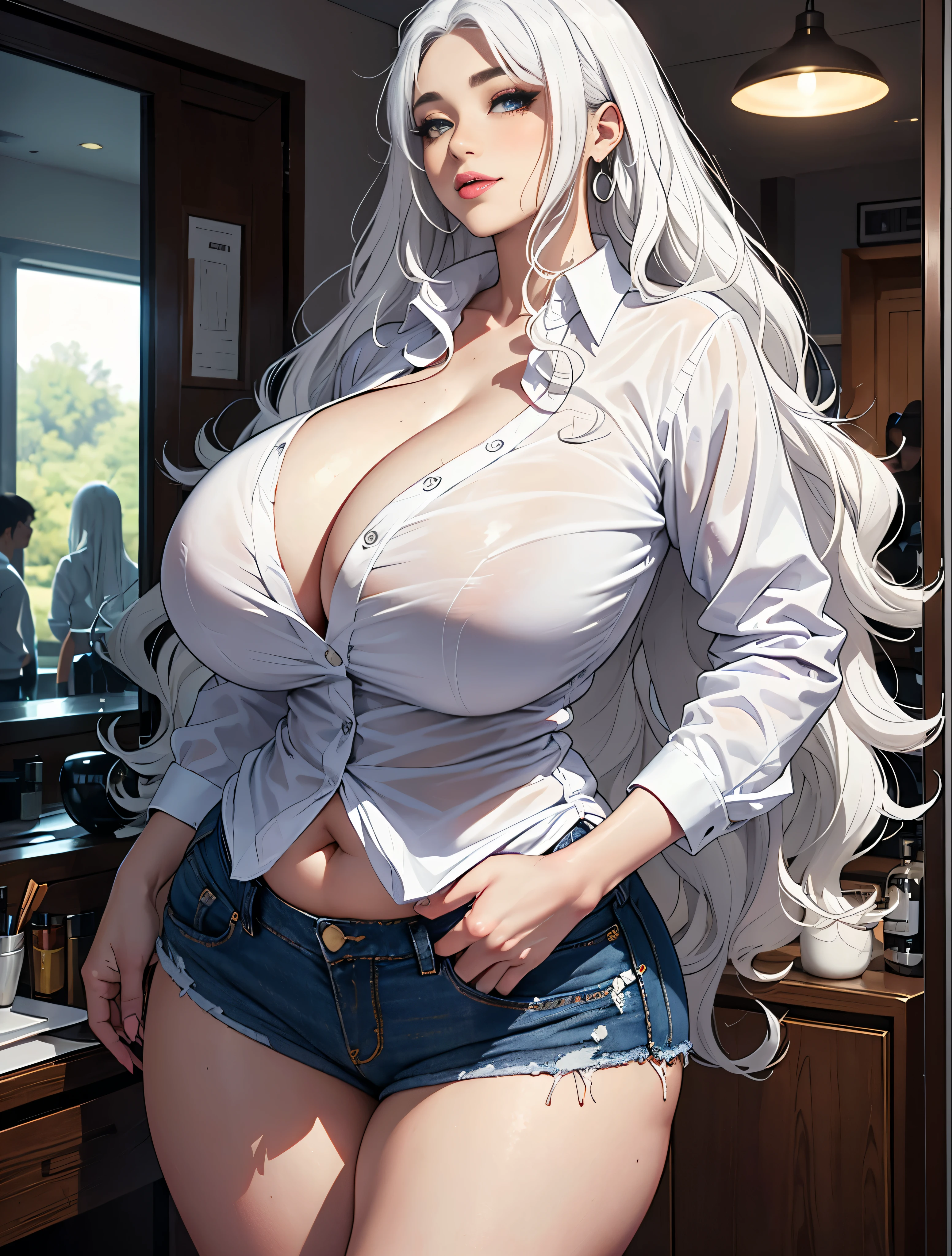 (long hair), (wavy curly hair), ((((white hair)))), (perfect eyes), (huge chest), (((gigantic breasts))), (wide hips), (thick hips), (thick thighs), casual clothes, (((white shirt))), shorts jeans, big lips, eyeliners, ((full makeup)), smirk
