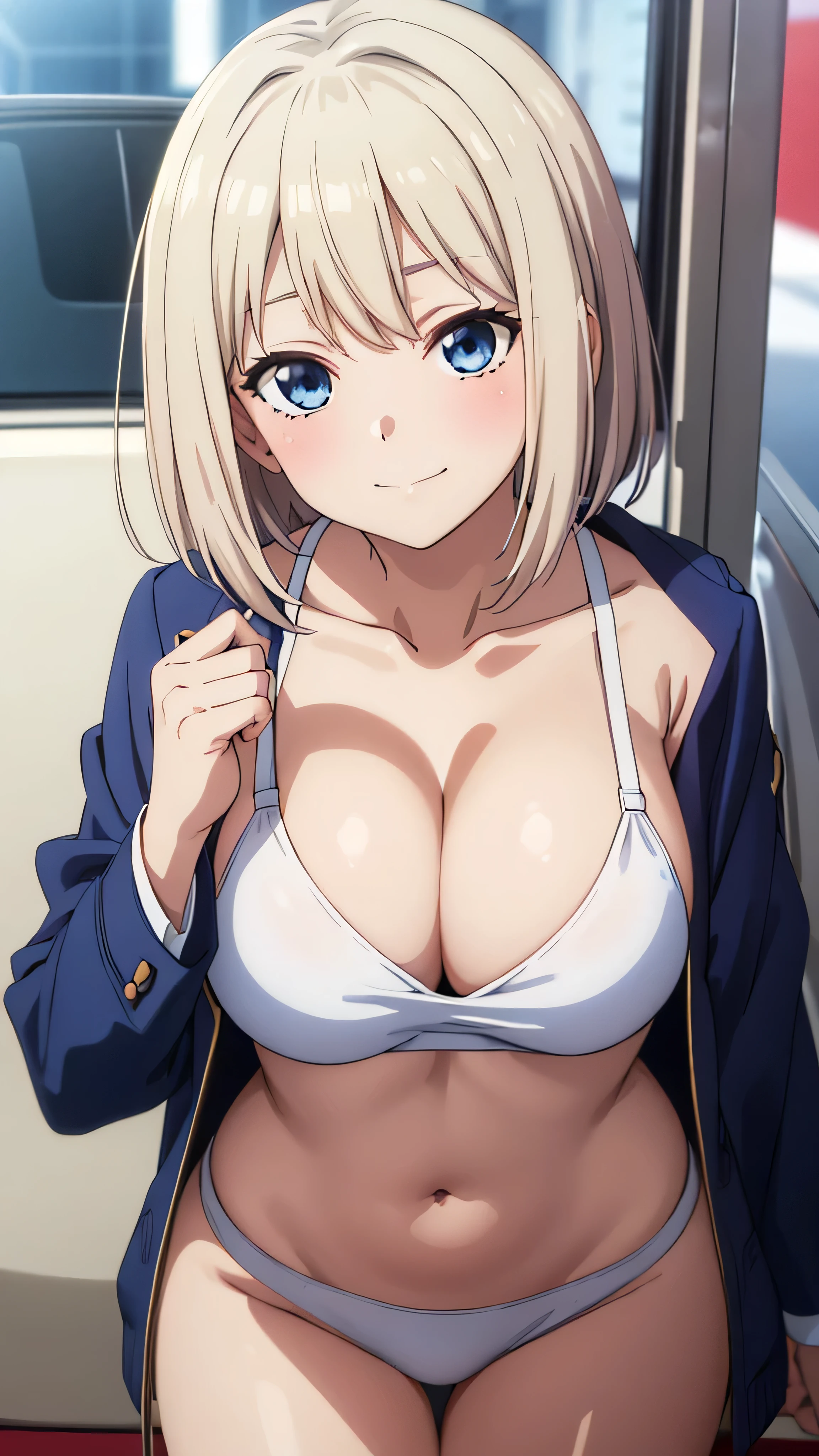 (((masterpiece))),fuyumi itadori, Anime girl characters, 1girl, solo, looking at viewer, medium hair, white hair,blue eyes, long sleeves, cleavage, bigger breasts, closed mouth, collarbone, jacket, open clothes, open jacket, blue jacket, ground vehicle, sports bra, tall girl, horny, big ass, beautiful face,Charming,  anime visual of a cute girl, screenshot from the anime film, & her expression is solemn, ahegao face, in the anime film, in an anime, anime visual of a young woman, she has a cute expressive face, still from anime, perfect breasts, she is tall, All bodies visible, ahegao face, the face is ahegao, she is horny, A perverted face, she so perverted, she smile so perverted, hd picture, 4k quality, details of the face is so good,bigger breasts, 