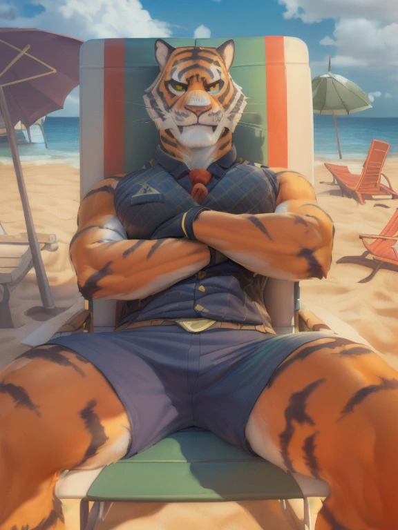  ((( ocar at a beach in a beach lounge chair with an umbrella with the camera angle facing towards him as he is relaxing and his beach chair wearing just green shorts shirtless)) ), (by Homogenousrule, by Wildering, by Foxovh, by Catcouch), 4k,(by totesfleisch8 and  fur, 
(( posing for image at the beach )),Sharp gaze, hentai , anthro, shortstack, standing, looking  at viewer,muscular,bench in background, extremely detailed, 3d render, high quality  digital art, huge thighs , detailed eyes, ,henati, good anatomy, good perspective at beach , front towards viewer,face up, by bebebebebe, by sicklyhypnos, by gerkk, by orf, (  by cutesexyrobutts, by darkgem, by zackary911, , (  by singafurian, by daftpatriot, sassy, cute, detailed face, handsome , seductive face,  face, detailed mouth,  fur, hentai style, leo alvarez, bara, (posing:1.3), (soft shading), 4k, hi res, detailed hands, ((detailed face, (detailed eyes:1.0), detailed)), by zackarry911, by zaush, (by personalami:0.5), looking at viewer,  image, navel, nipples, full body, one person focus, thick thighs,  Hentai, day, sexy, sensual, detailed, uploaded to e621, beautiful and detailed male image of an anthropomorphic tiger ,(highres,:1.2), Smiling happy extremely detailed, photorealistic, 3d render , high quality  digital art,Hentai artstyle, zoomed out so you can see his entire body,  fur, lounging in a beach chair with a purple umbrella and he is very relaxed with the camera angle facing towards him at a beach, ((wearing green shorts)) , huge, ((Oscar)) Zoomed out a lot so you can see his entire body and his feet the entire chair and the umbrella really zoomed out