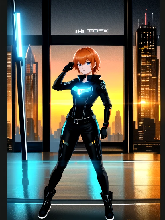 1girl, Sexy Experienced Cyberpunk Agent, short orange hair, blue eyes, (Wearing: futuristic black tight jumpsuit, utility belt, boots), light skin, natural makeup, athletic body, holding two pistols with both hands, looking fiercely at the viewer. heroic pose, full-length, full body, fight scene, full-length, super face detail, Very detailed, 8k, dark tone, dark shadow, glow in the dark, game color correction, (HDR, UHD, 64k, best quality, RAW photo, best quality, masterpiece: 1.5), UHD, hd, k, hyperrealism, very detailed, hyperrealism, very detailed, in hyper-realistic detail, hyper-realistic full-body detail, high detailed, digital painting, trending on artstation, HD quality