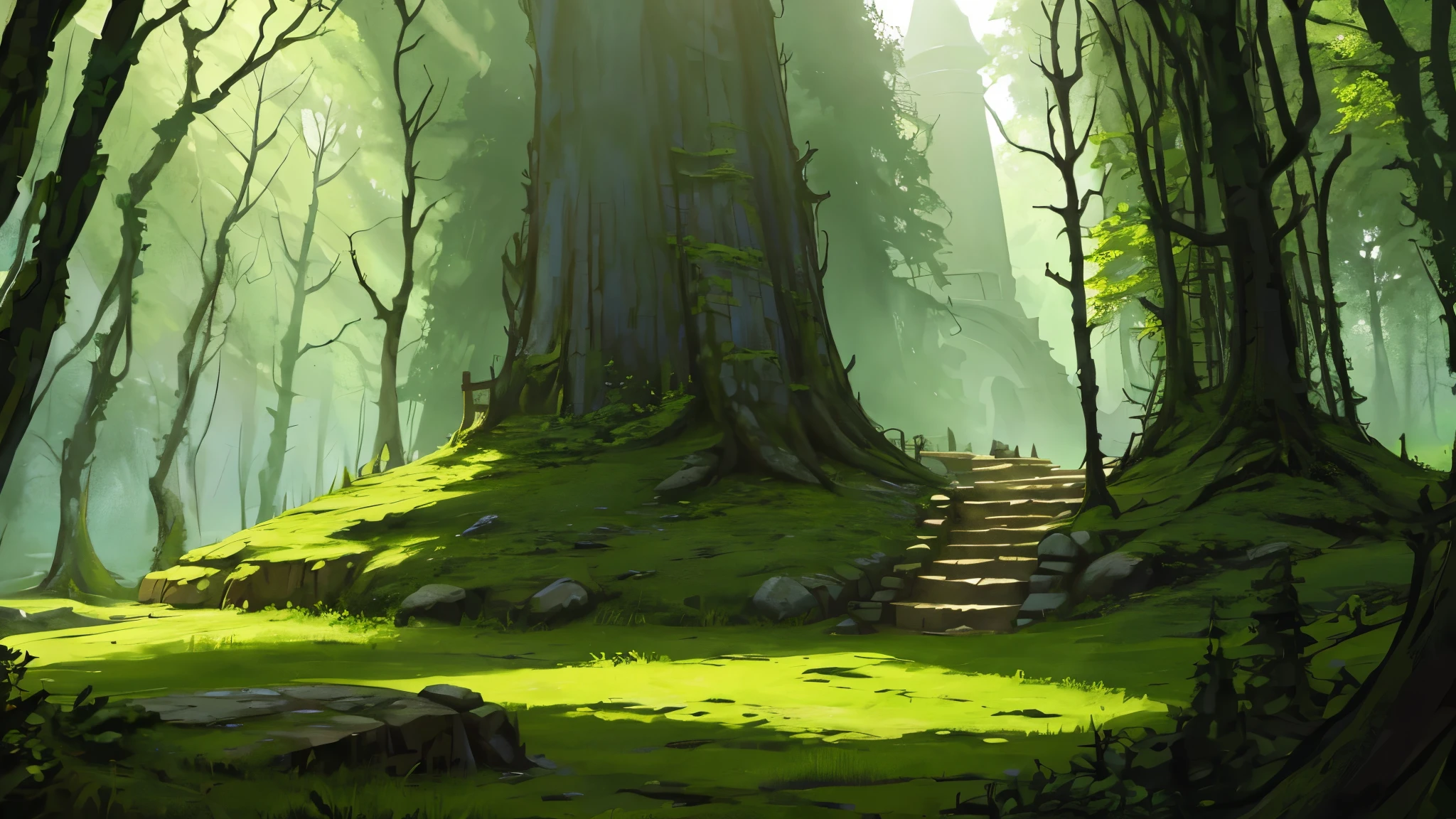 visual novel background, ancient stone tower covered in moss, stone tower standing in a lush verdant green forest, forest of ruins, sunlight filtering through trees, extremely detailed