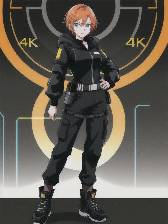 1girl, Sexy Experienced Cyberpunk Agent, short orange hair, blue eyes, (Wearing: futuristic black tight jumpsuit, utility belt, boots), light skin, natural makeup, athletic body, holding two pistols with both hands, looking fiercely at the viewer. heroic pose, full-length, full body, fight scene, full-length, super face detail, Very detailed, 8k, dark tone, dark shadow, glow in the dark, game color correction, (HDR, UHD, 64k, best quality, RAW photo, best quality, masterpiece: 1.5), UHD, hd, k, hyperrealism, very detailed, hyperrealism, very detailed, in hyper-realistic detail, hyper-realistic full-body detail, high detailed, digital painting, trending on artstation, HD quality