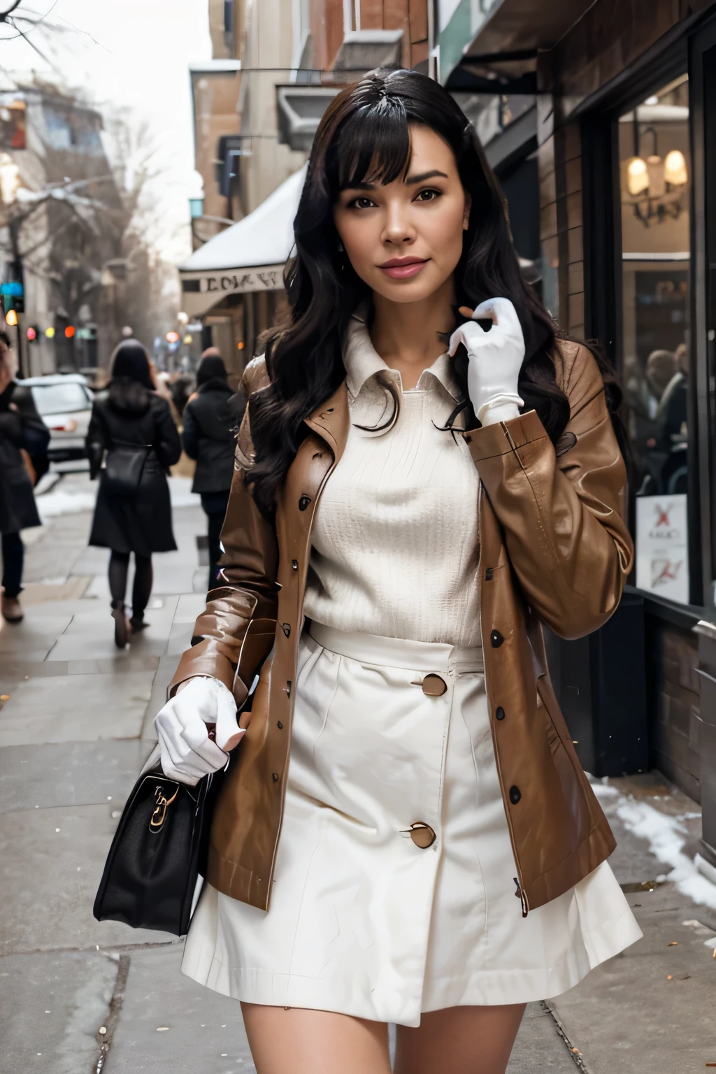 30 years old bettie page, makeup, olive skin, curly black hair (middle lenght), outside in front of the coffee shop , slippin on the ice and falling to the ground , winter times, snow falling, daylight seductive smile, lWomen Black Genuine Leather Trench Coat Steampunk Gothic Coat Winter Long Jacket , white wool sweater, high white boots, maxy wool skirt, white cloth gloves, 