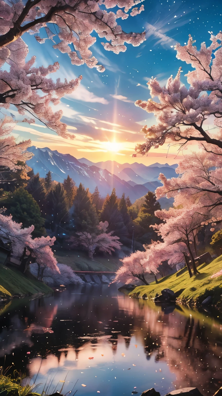 ((LOGO, AMAZING, 8K, TABLETOP, RAW PHOTO, Awesome, Top Quality, Photorealistic and Highly Detailed CG Integrated 8K Wallpaper, High Quality, Highly Detailed, Narrative Verse, Particle Effects, Dynamic Effects, Text Border Depth, Cinematic Light, Lens Flare, Ray Tracing, Tabletop, Real: 1.4, Ultra HD: 1.2, Real, Real)), Fantasy, Anatomically Correct, Wind, Beauty of Mountains and Forests and shine, the world's silence and beauty of the meadow, the vast land, the lakeside, the wonderful scenery, the beautiful natural scenery, the wind, the cherry blossoms, the cherry blossom petals are dancing, the cherry blossom blizzard, the falling petals.