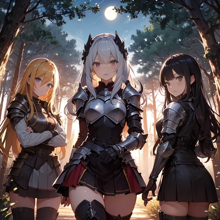 A group of  female knight, (in forest), various hair styles, harem, wearing armored clothes, metal armor, night, details face, , short skirt, seducing, sword 