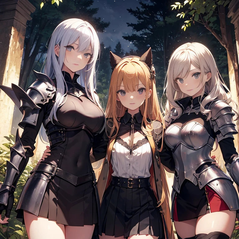 A group of  female knight, (in forest), various hair styles, harem, wearing armored clothes, metal armor, night, details face, , short skirt, seducing 