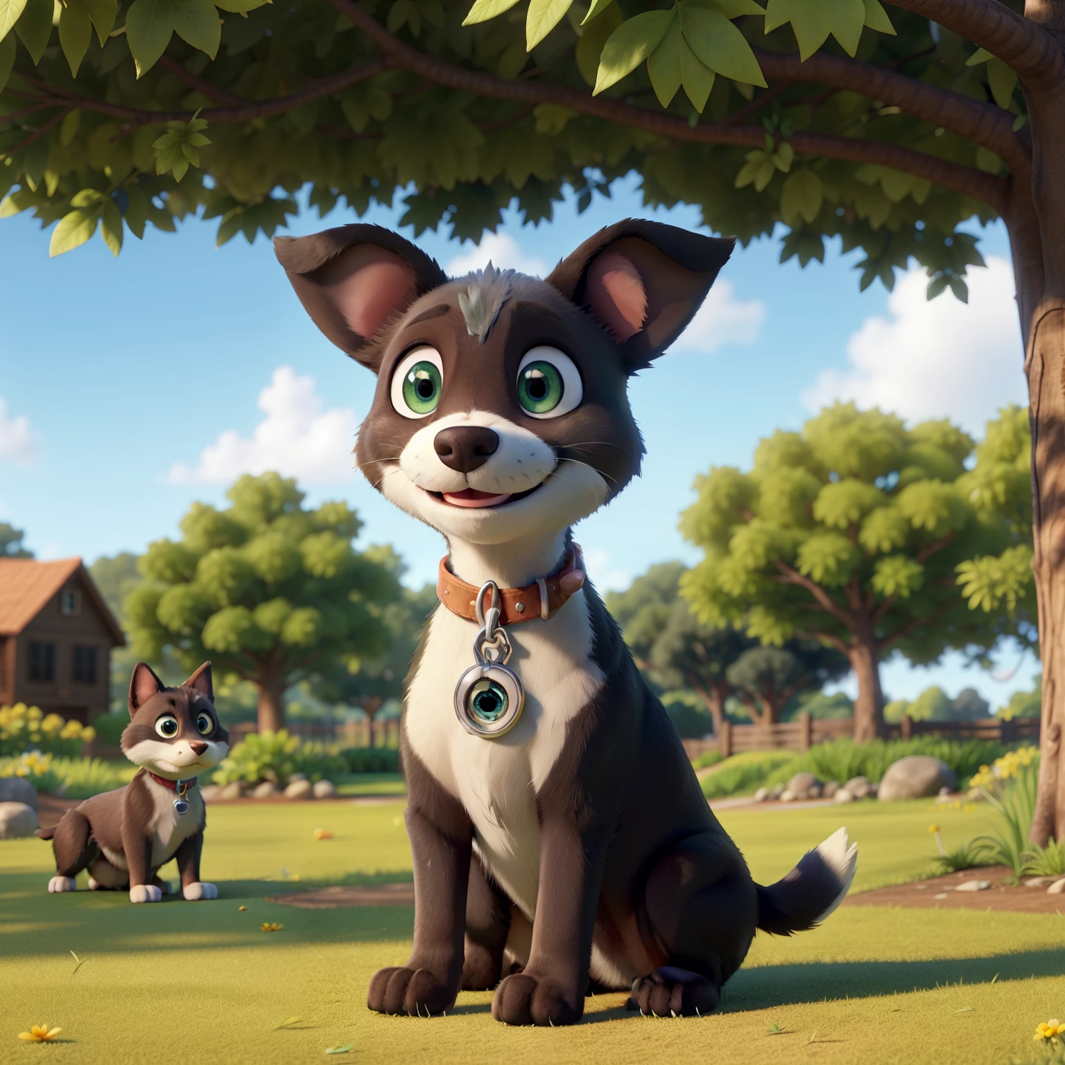 In the tranquil park, a sleek-haired mid-sized black Disney cartoon dog with a white-pawed leg and a blue collar around its neck is sitting contentedly. The sun casts a warm glow on its surroundings, but the peaceful scene is suddenly interrupted by the sound of children's laughter nearby. Its ears perked up, the dog looks around, its eyes filled with curiosity and joy, eagerly anticipating the arrival of new playmates. The lush green grass beneath its paws shines under the gentle sunlight, and the blue collar contrasts beautifully against its dark fur. A light breeze rustles through the leaves, carrying the sweet scent of blooming flowers, as the dog prepa