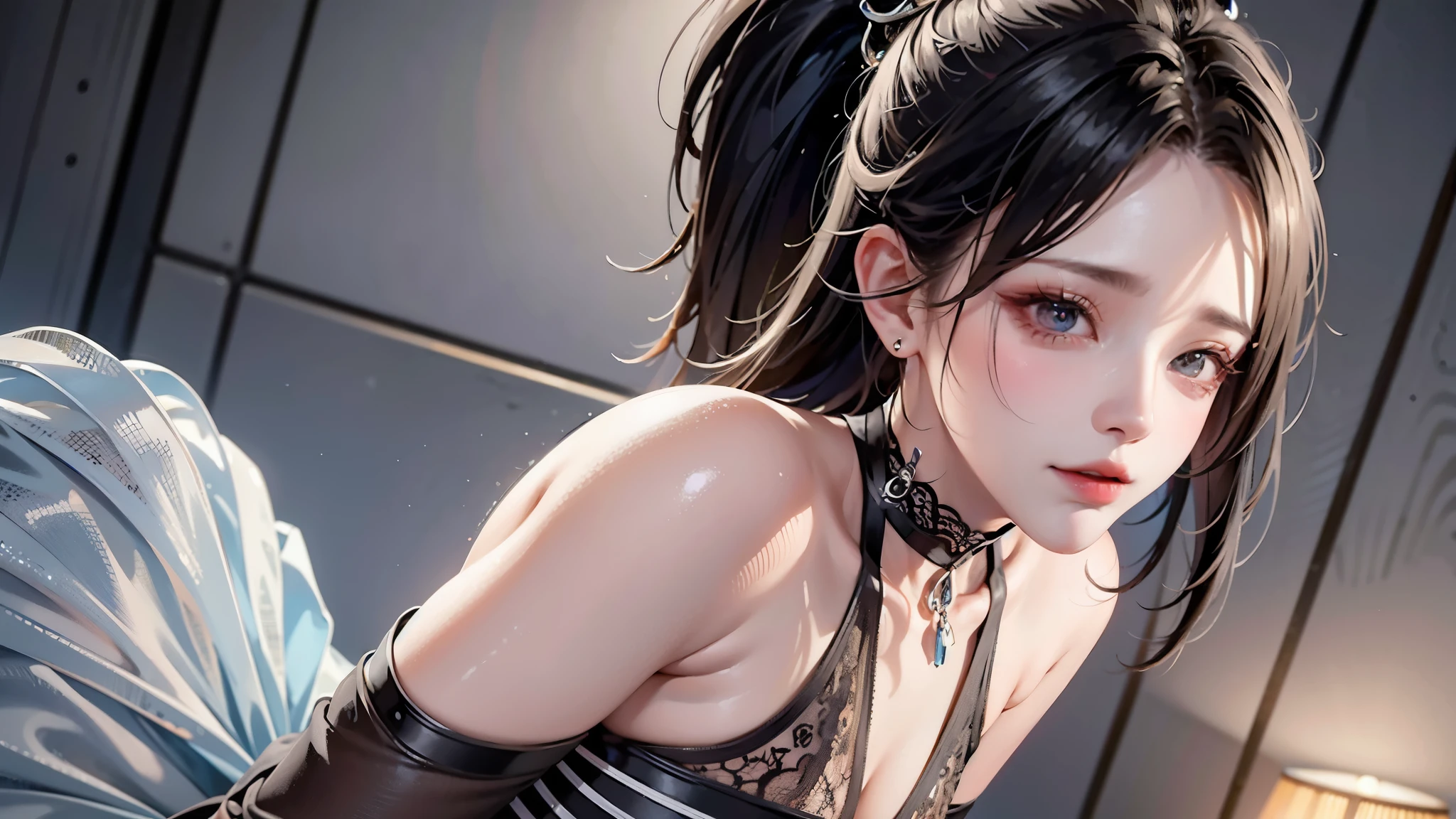 street, single ponytail, Insult, high ponytail, tall figure, long legs, (sleeveless lace shirt), (shorts), (stripe)), ((stripe)), Walk, elegant, dignified, feminine, Beautiful curves, sweet smile, Strong sense of detail and layering, Rich and brilliant colors, Has a unique texture, rich and colorful, Color harmony, vivid, design art, 16K, super detailed, {{illustration}}, {extremely delicate and beautiful}, {Exquisite surface treatment}, super detailed, Exquisite glowing eyes, {{Cinema lights}}, Extreme light effects, Model: cinematic realism, CFG size: 12, Laura: Bright texture (1.35), high quality, masterpiece, Exquisite facial features, Delicate hair depiction, Detailed depiction of eyes, masterpiece, best quality, Ray tracing, Extremely detailed CG unified 8K wallpaper, masterpiece, best quality