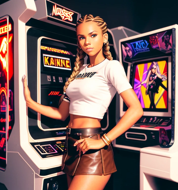 tall, tan, Norse braids, black mini skirt, leather crop top jacket, white t-shirt, heels playing at an arcade machine from the 80's