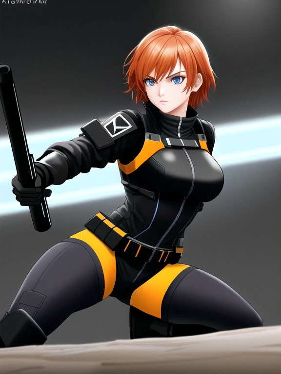 1girl, Sexy Experienced Cyberpunk Agent, short orange hair, blue eyes, (Wearing: futuristic black tight jumpsuit, utility belt, boots), light skin, natural makeup, athletic body, holding two pistols with both hands, looking fiercely at the viewer. heroic pose, full-length, full body, fight scene, full-length, super face detail, Very detailed, 8k, dark tone, dark shadow, glow in the dark, game color correction, (HDR, UHD, 64k, best quality, RAW photo, best quality, masterpiece: 1.5), UHD, hd, k, hyperrealism, very detailed, hyperrealism, very detailed, in hyper-realistic detail, hyper-realistic full-body detail, high detailed, digital painting, trending on artstation, HD quality