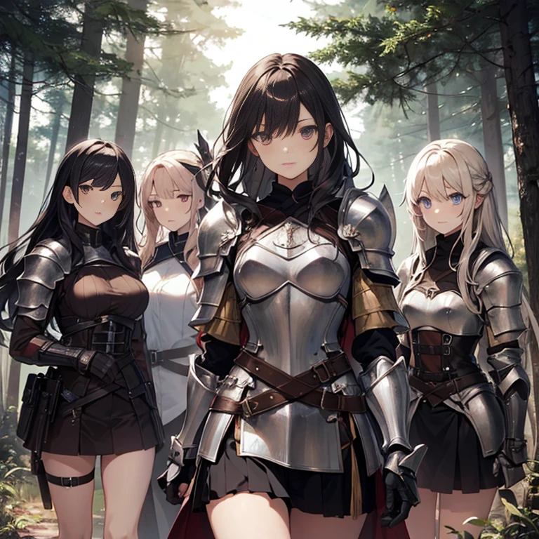 A group of  female knight, (in forest), various hair styles, harem, wearing armored clothes, metal armor, night, details face, , short skirt, seducing 