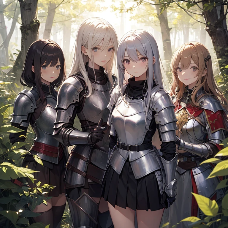 A group of  female knight, (in forest), various hair styles, harem, wearing armored clothes, metal armor, night, details face, , short skirt, seducing, sword, showing armpits, sleeveless