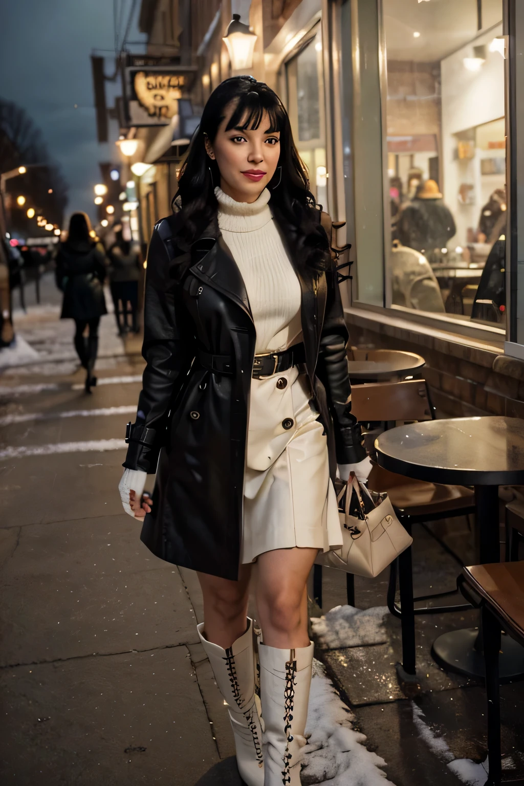 30 years old bettie page, makeup, olive skin, curly black hair (middle lenght), outside in front of the coffee shop , nightly winter times, snow falling, nightlight seductive smile,Women Black Genuine Leather Trench Coat Steampunk Gothic Coat Winter Long Jacket , white wool sweater, high white boots, maxylarge wool skirt, white cloth gloves, , high detail face, high detail clothes, ultrarealistic, dark shot, cinematic, professional photo 32k, Ultra HD