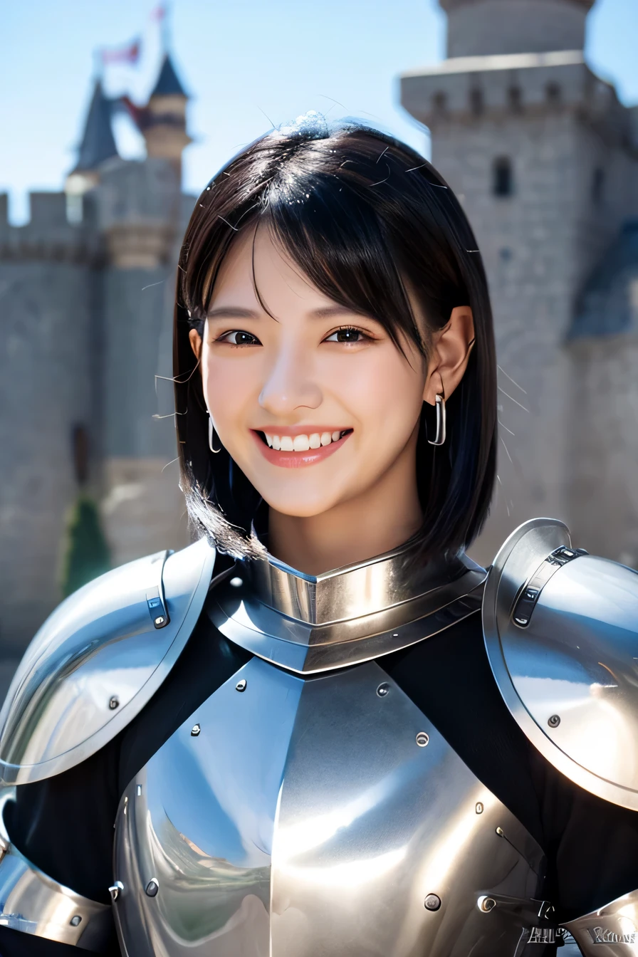８Ｋ、highest quality、female knight、The background is a castle、Luxurious Silver Armor、heavy equipment、black hair、hairstyle shortcut、smile、beautiful teeth、full body photo、ear piercing

