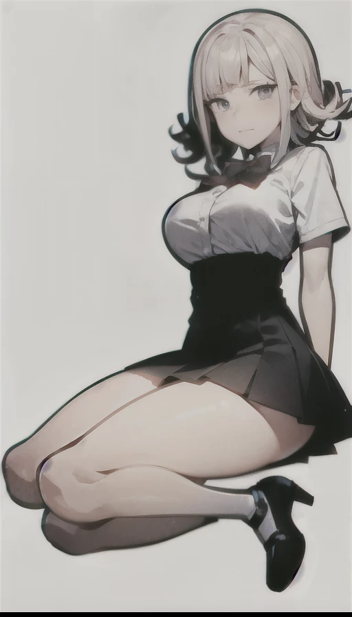 Anime girl sitting on a chair with a knife and a bow tie, surreal , chiaki nanami from danganronpa, High resolution!!, thighs!!!, by Kose Kanaoka, by Kamisaka Sekka, misato katsuragi, by Shinoda Toko, thighs!!!!!!, 2b, 2b