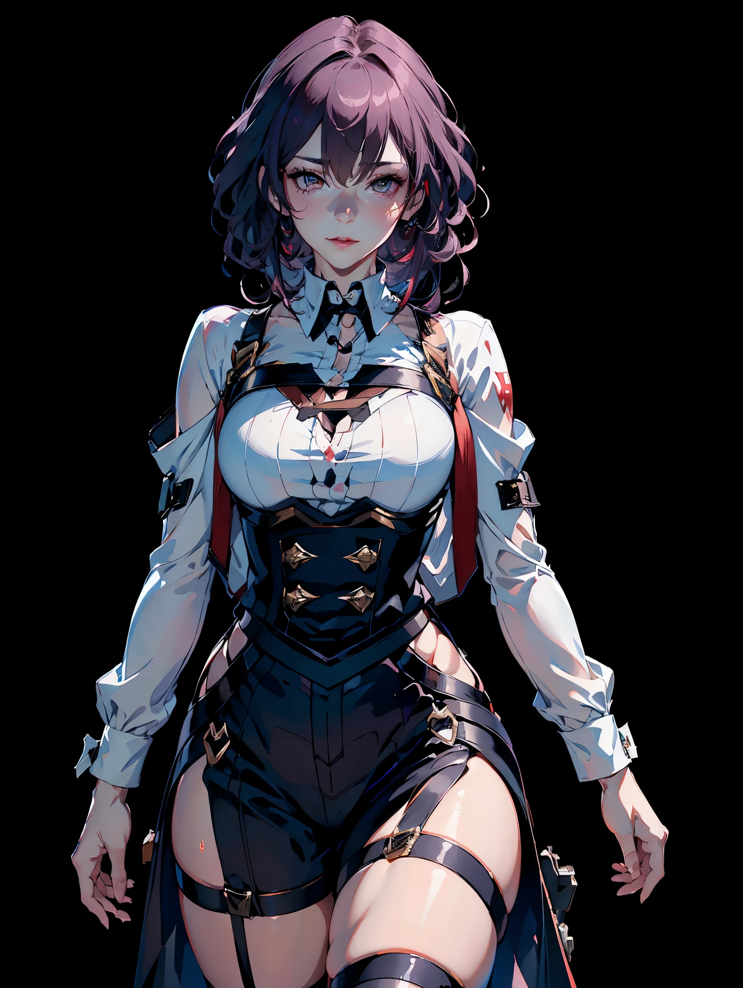 (best quality, 4k), (ultra details ayes), epic realistic, Kafka character, ultra details face, honkai star rail, stocking suspenders, colouring, anime style, vintage, (black background) best form, details, walking