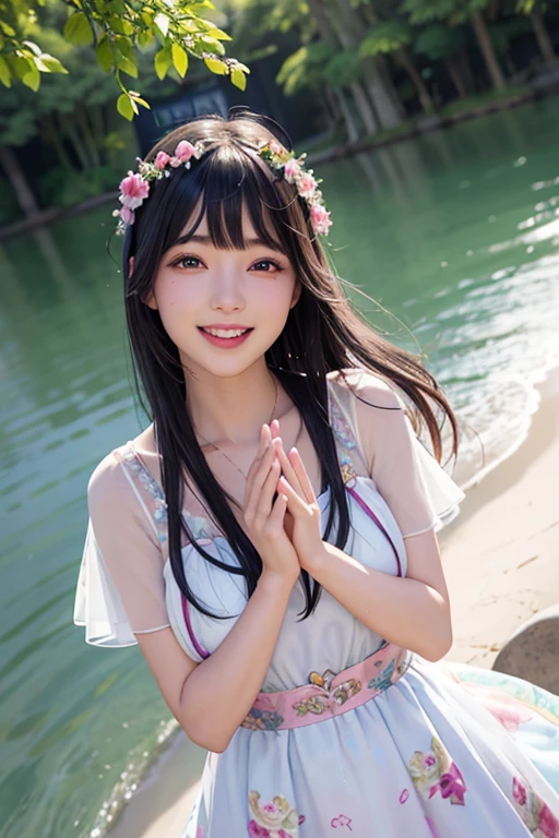 photo realistic、stand in front of a photo、Open mouth and big smile、Water droplets cupping the heart with both hands、flowing iridescent silk、close up of face、eye up、heart pattern colored contact lenses、floral dress、There are flowers in front of me too、petal、season!!: summer☀ 🍂