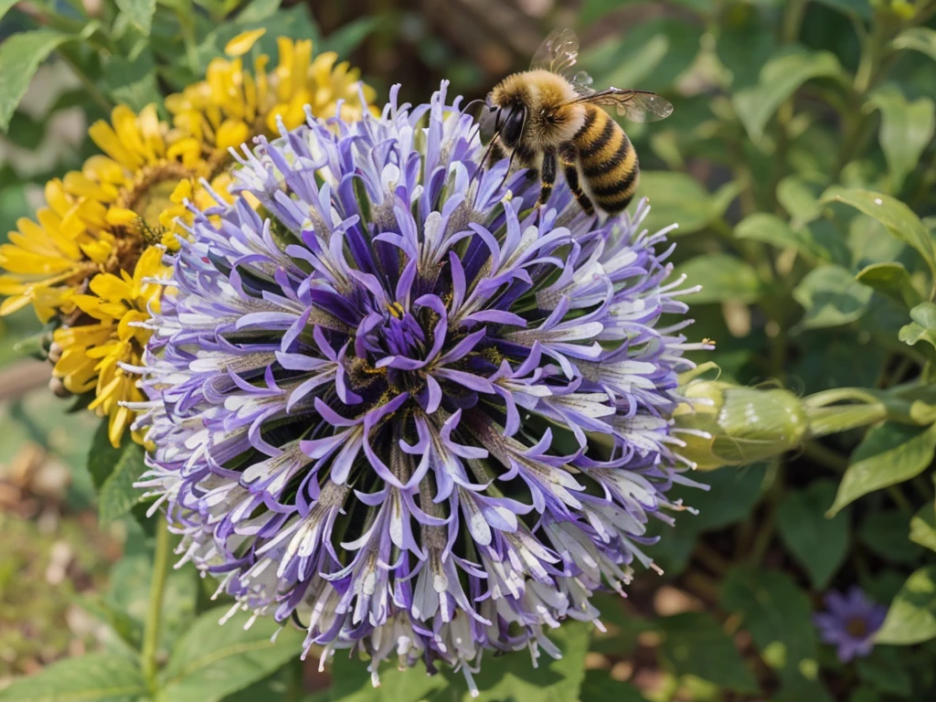arafed bumble-bee on a purple flower with yellow flowers in the background, giant corn flower head, what a bumbler!, bee, large flower head, giant flower head, (bee), by Robert Brackman, an achingly beautiful, a close-up, a wide full shot, over-shoulder shot, a brightly coloured, flower, honey