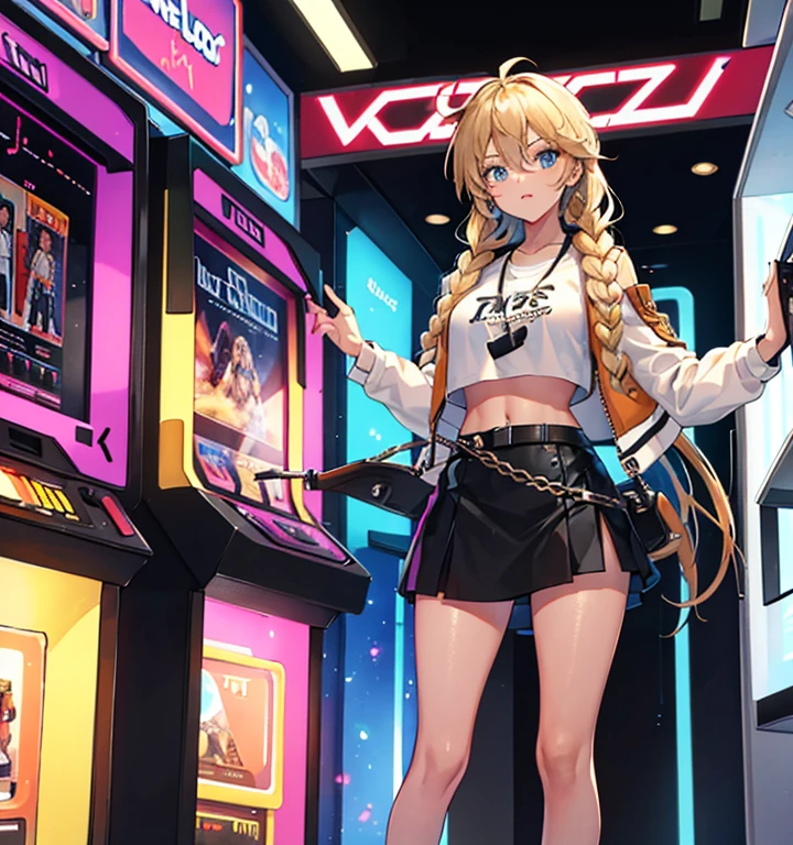 A woman in casual clothes in an arcade, smiling.
