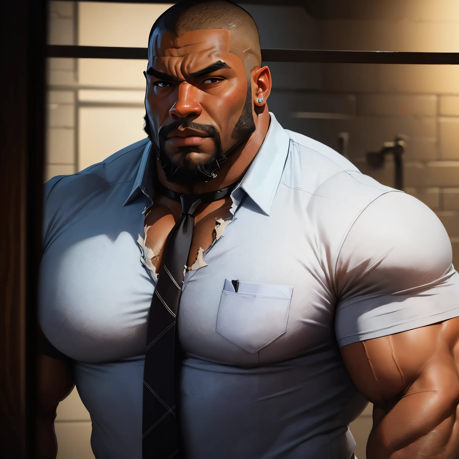 an exaggeratedly muscular and large bodyguard, beefy build, beard, dark-skinned african american male, buzzcut hair with square line, (wearing torn casual business shirt and tie: 1.2), name tag, (bara pecs: 1.3), (arm and chest hair: 1.1), close-up portrait HD, (dark grungy prison cell: 1.1)