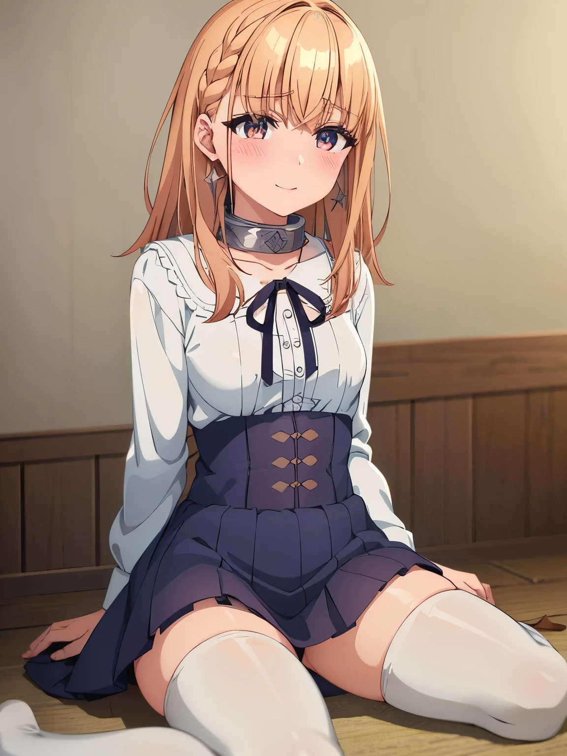 anime - style image of a woman in a white bra top and panties, seductive anime girl, marin kitagawa fanart, makoto shinka, rin, small curvy , anime best girl, sexy pose, smooth anime cg art, asuka suit under clothes!, cushart krenz key art feminine, ayaka genshin impact, zerochan art, white panties,cameltoe,full body,white pantyhose,squatting,pantyshot,å©•ä¸,1girl,star earrings,solo, blonde hair,braid,medium hair,bangs,bright pupils,brown eyes,hair between eyes,white pupils, jyesu
metal collar,neck ribbon,white shirt,black ribbon,center frills,corset dress,blue dress,long sleeves,frilled skirt,medium breasts,collarbone,smile, blush,
mary janes,outdoors,grass,wind,wind lift,falling leaves,, Exquisite visuals, high-definition,masterpiece,best quality,, 16yo,Young female,Beautiful Fingers,Beautiful long legs,Beautiful body,Beautiful Nose,Beautiful character design, perfect eyes, perfect face,expressive eyes,
official art,extremely detailed CG unity 8k wallpaper, perfect lighting,Colorful, Bright_Front_face_Lighting,shiny skin,
(masterpiece:1.0),(best_quality:1.0), ultra high res,4K,ultra-detailed, (One lady)、(masterpiece)、(best qualtiy)、(ultra-detailliert)、(a high chroma)、(CG Illustration)、((Full Angle))、Female, 16 years old、Delicate beautiful face、(red blush)、(Wavy long hair、Dark blonde hair)、(dishevled hair)、((Shoulder top))、See-through clothes:1.3、((Black stockings))、(Pink Lace Panties)、(Dark blue pleated skirt)、(teats)、breasts of medium size,、((turned around))、(Woman sitting on the floor)、The best lighting、simple background
photography, 8K, HDR, highres, absurdres:1.2, Kodak portra 400, film grain, blurry background, bokeh:1.2, lens flare, (vibrant_color:1.2), (beautiful_face:1.5),(narrow_waist), ,NSFW,