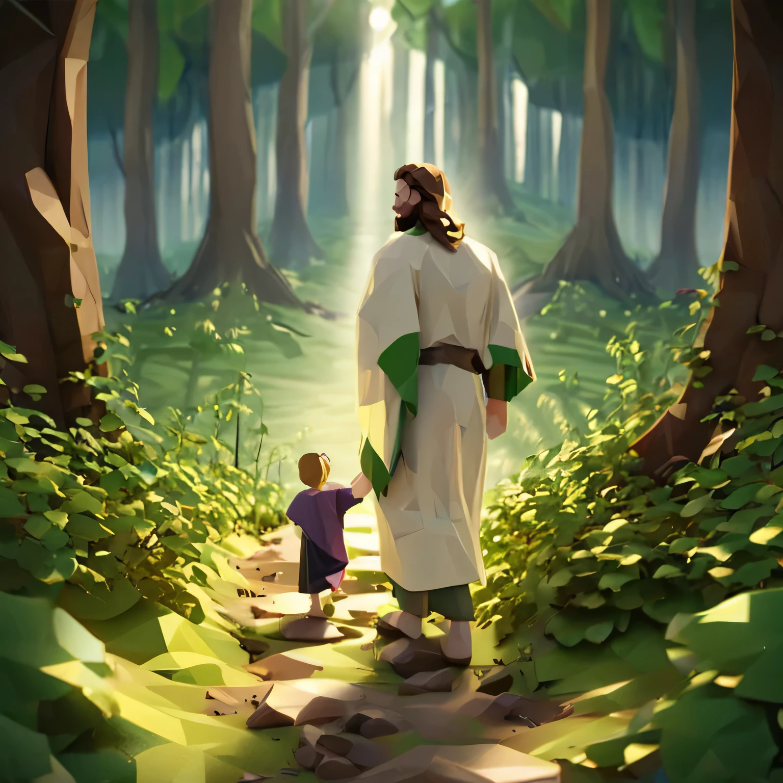 Cena de floresta encantada  com profundidade capriche nos detalhes. In this forest, an illuminated path and Jesus with a  on his lap ,jesus de corpo inteiro caminhando por esse caminho. Calm and smiling at the baby. 