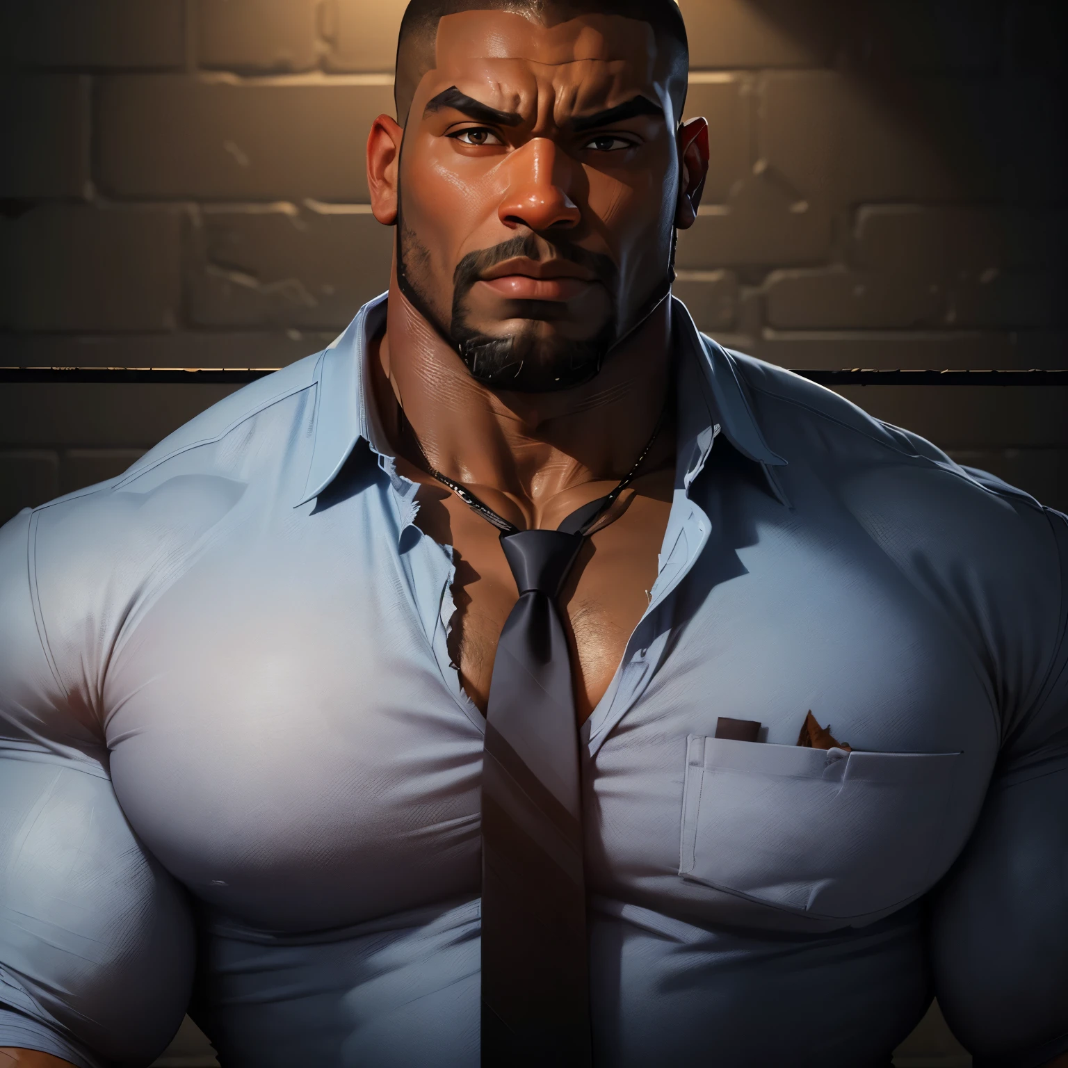 an exaggeratedly muscular and large bodyguard, beefy build, beard, dark-skinned african american male, buzzcut hair with square line, (wearing torn navy casual business shirt and tie: 1.2), name tag, (bara pecs: 1.3), (arm and chest hair: 1.1), close-up portrait HD, (dark grungy prison cell: 1.1)