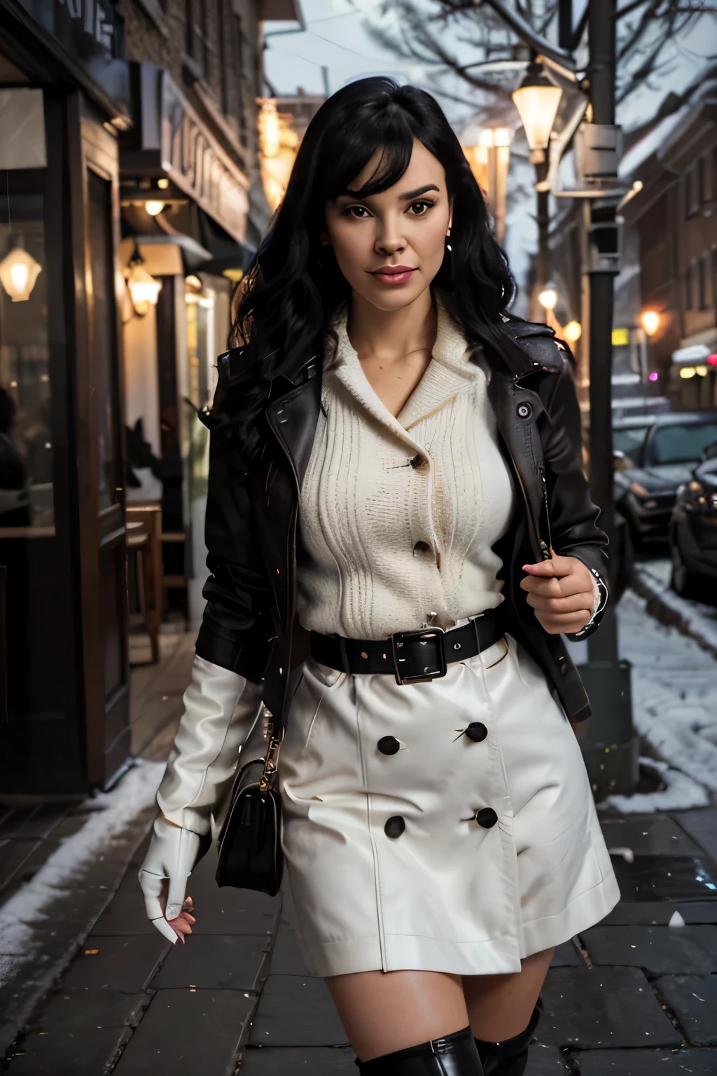 super classy 30 years old bettie page, makeup, olive skin, curly black hair (middle lenght), outside in front of the coffee shop , nightly winter times, snow falling, nightlight seductive smile,Women Black Genuine Leather Trench Coat Steampunk Gothic Coat Winter Long Jacket , white wool sweater, high white boots, maxylarge  wool skirt, white cloth gloves, , high detail face, high detail clothes, ultrarealistic, dark shot, cinematic, professional photo 32k, Ultra HD 