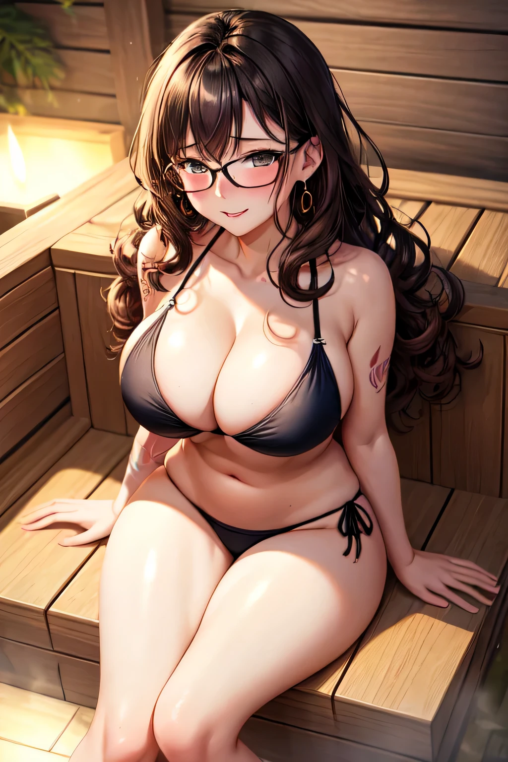 Cute sexy relaxed woman with thick long messy curly dark brown hair with glasses with tattoo blushing with bright earrings with thick thighs and big chest in sexy position in sexy black bikini in sauna at night laying down getting a massage