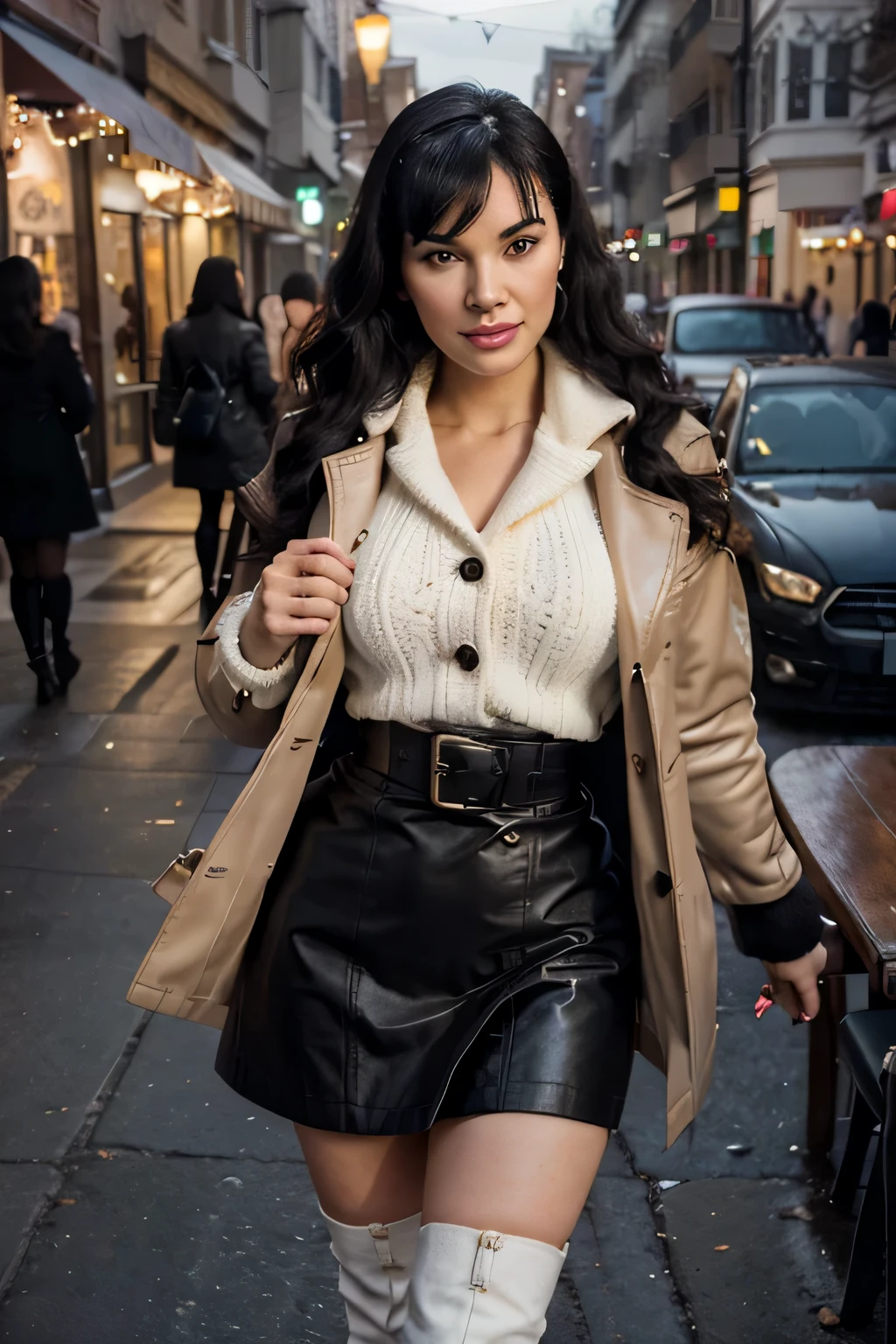 super classy 30 years old bettie page, makeup, olive skin, curly black hair (middle lenght), outside in front of the coffee shop , nightly winter times, snow falling, nightlight seductive smile,Women Black Genuine Leather Trench Coat Steampunk Gothic Coat Winter Long Jacket , white wool sweater, high white boots, maxylarge wool skirt, white cloth gloves, , high detail face, high detail clothes, ultrarealistic, dark shot, cinematic, professional photo 32k, Ultra HD