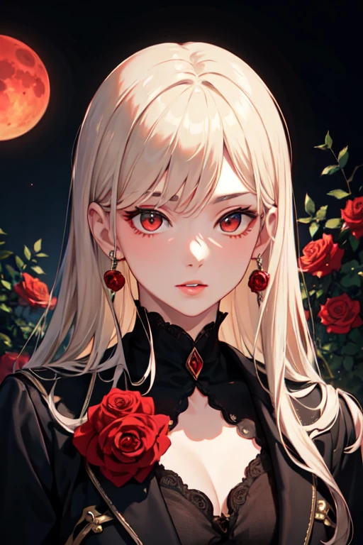 masterpiece, Highest quality, (alone focus), (Perfect Face:1.1), (Attention to detail:1.1), (Ultra-detailed eyes), dramatic, 1 person, (Pale skin), Long white hair, Psychic Eyes, (Thin eyebrows), alone, Long Hair, Tiago Azevedo, moon, night, White luxury suit, Pouting, fur, Proud look,garden, Detailed Background, Art by artgerm, Cinema Lighting, rose, fashion, Balenciaga Style