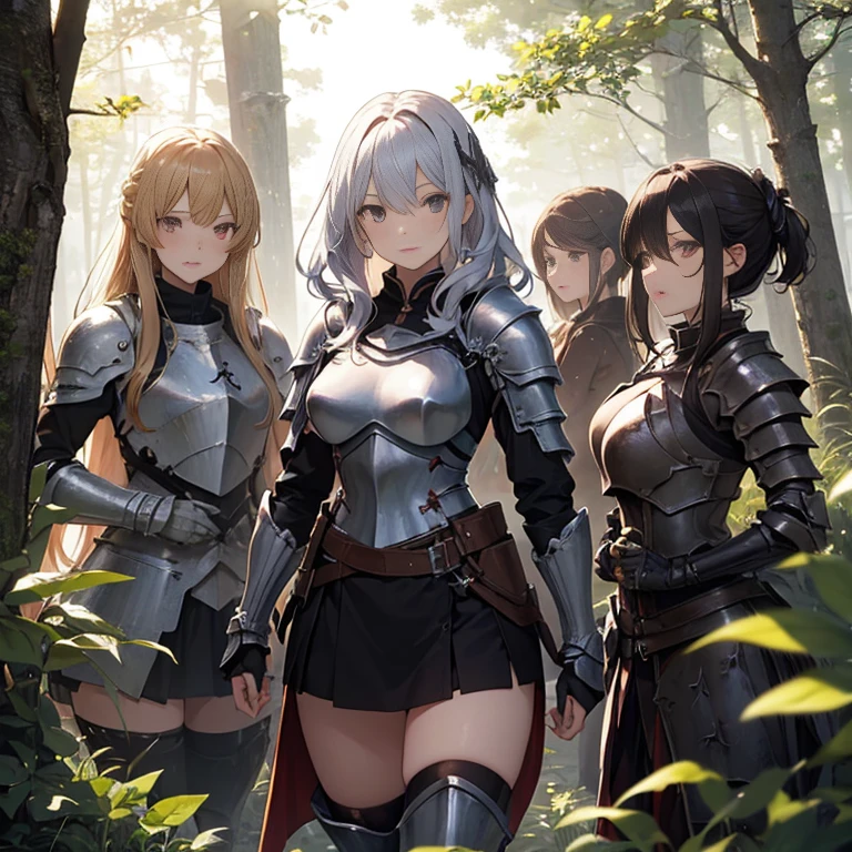 A group of female knight, (in forest), various hair styles, harem, wearing armored clothes, metal armor, night, details face, , short skirt, seducing