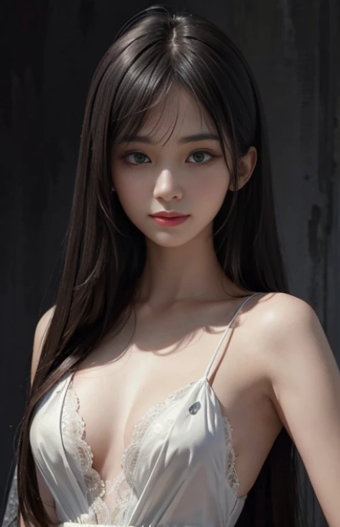 (surreal), (shape), (Improved resolution), (8K), (very detailed), (Best shape), (beautiful and detailed eyes), (highest quality), (Super detailed), (masterpiece ), ( wallpaper), (detailed face), 1 girl, , white dress, large and spacious chest, looking at the viewer, small details, detailed face, in the dark, deep shadow, secret key, Pure erotic face ace_V1, smile, long hair, black shawl straight hair , 46 point diagonal bangs