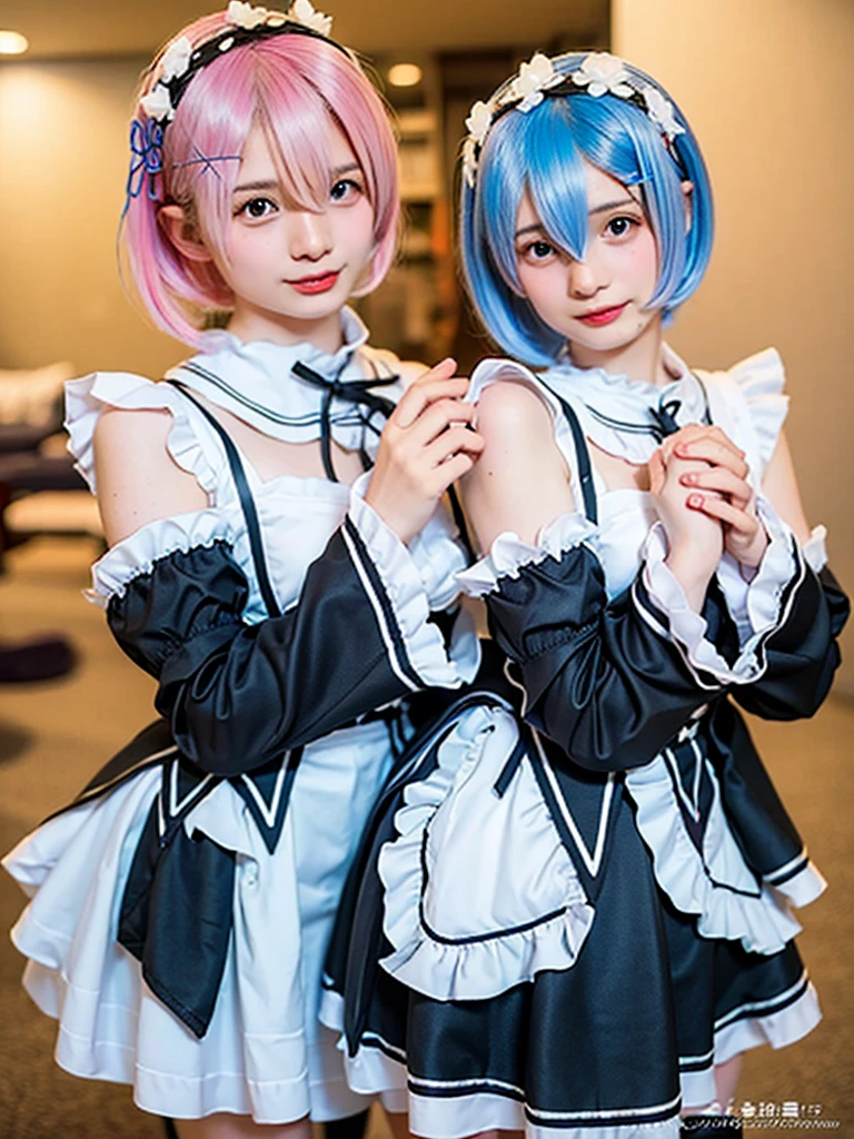 (8K, Photorealistic, Raw photo, of the highest quality: 1.3), (1girl in), Super beautiful, (Realistic face), (boyish, Silver Color Berry Shorthair), Beautiful , Glare that captivates the viewer, Beautiful expression, Beautiful breasts, (Realistic skin), Be...Create a detailed and colorful image of Ram and Rem from Re:Zero, standing back-to-back in their maid outfits, with a magical fantasy background、ars old, two girls,cute, perfect face, beautiful, nice body, gothic lolita clothes, gothic lolita fashion, frilly skirt, headdress, necklace, bracelet, knee-high socks, boots, double eyelids, tear bags, Detailed down to the fingers, photo-like description, indoors, dim indoor lighting, one girl is pink hair and short bob, another girl is light blue hair and short bob,standing, whole body, composition that shows the whole body, smiling,The Both of them are wearing the same type of maid outfit