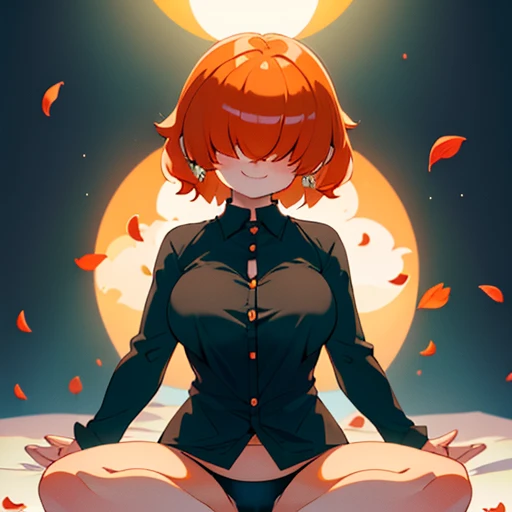 By bebebebebe,High quality,Female ,(,hair covering eyes,fluffy hair,short hair,smiling,(breasts),solo,orange hair,toned,Earrings,Curvy legs,2 arms,dramtic lighting,petals in hair,Sitting watching the sunrise,black panties, dark green Checkered Button Down Shirt,Neckline,side sun.