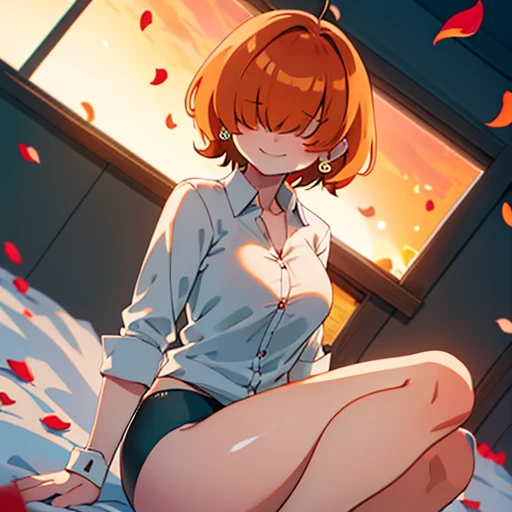 By bebebebebe,High quality,Female ,(,hair covering eyes,fluffy hair,short hair,smiling,(breasts),solo,orange hair,toned,Earrings,Curvy legs,2 arms,dramtic lighting,petals in hair,Sitting watching the sunrise,black panties, dark green Checkered Button Down Shirt,Neckline,side sun.