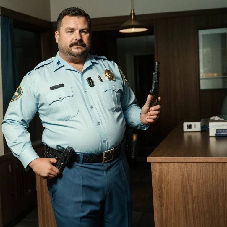 1 man, photo taken in 80s, american, middle aged, police sheriff, police chief, in police uniform, pants, large round belly, overweight, moustache, badge, patrol belt, gun holster