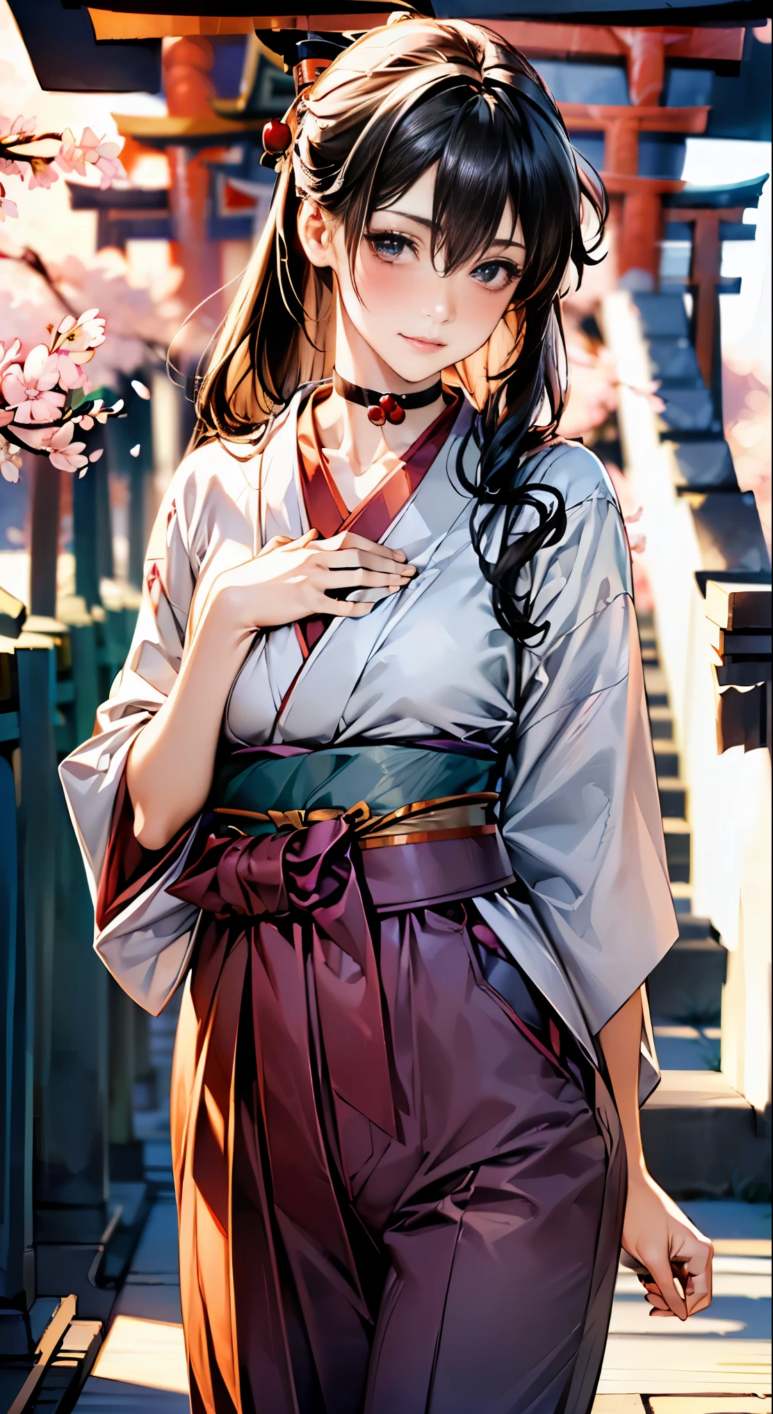 (masterpiece:1.2, highest quality, 8k, advanced details), (realistic, photorealistic:1.4), beautiful illustrations,
looking at the viewer, whole body, Front view:0.6,
((1 mature woman, 32 years old)), Japanese, ((long black hair:1.5, straight hair)), blown hair, bangs, hair between eyes , big breasts beautiful hair, beautiful hairstyle, beautiful face, beautiful and detailed eyes, (shining eyes:1.3), beautiful clavicle, beautiful body, beautiful breasts, beautiful thighs, beautiful feet, beautiful fingers, perfect anatomy:1.3, perfect anatomy,
((put your left hand on your chest:1.3)),
(Look at the viewer while blushing:1.3)
((hakama pants, choker:1.3)), ((shrine:1.6, within the territory, torii, Cherry blossom trees:1.3))