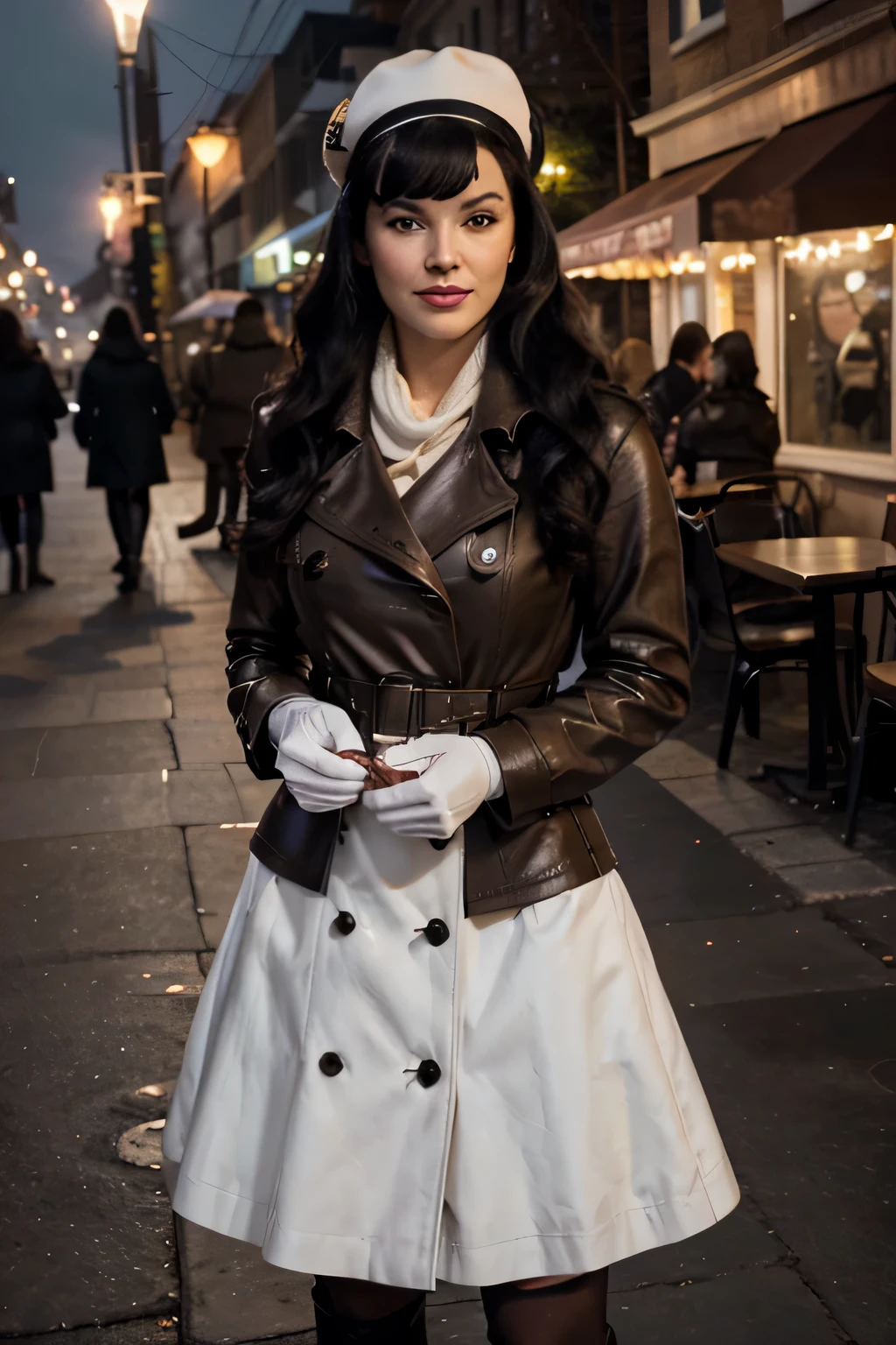 super classy 30 years old bettie page, makeup, olive skin, curly black hair (middle lenght), outside in front of the coffee shop , nightly winter times, snow falling, nightlight seductive smile,Women Black Genuine Leather Trench Coat Steampunk Gothic Coat Winter Long Jacket , white wool sweater, high white boots, maxylarge  wool skirt, white cloth gloves, , high detail face, high detail clothes, ultrarealistic, dark shot, cinematic, professional photo 32k, Ultra HD 