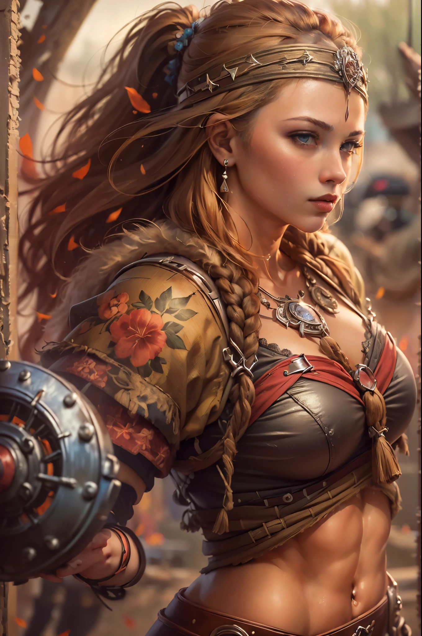 (Masterpiece, ultra detailed: 2), (best quality: 2), (beautiful woman: 2), (beautiful face: 2), viking warrior woman, muscles, very big breass, sexy