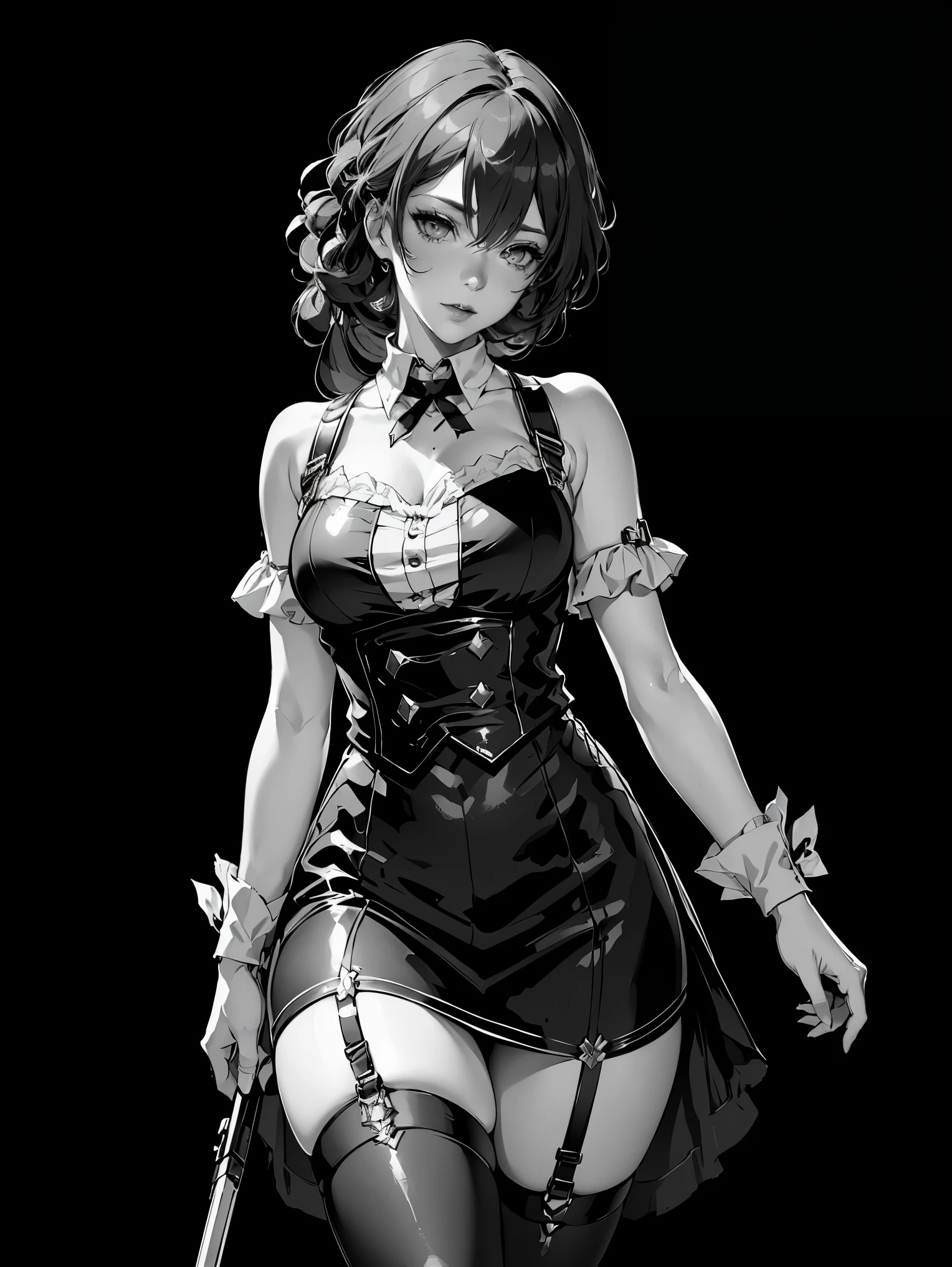 (best quality, 4k), (ultra details ayes), epic realistic, Kafka character, honkai star rail , stocking suspenders, anime style, vintage, (black monochrome background) best form, details, walking