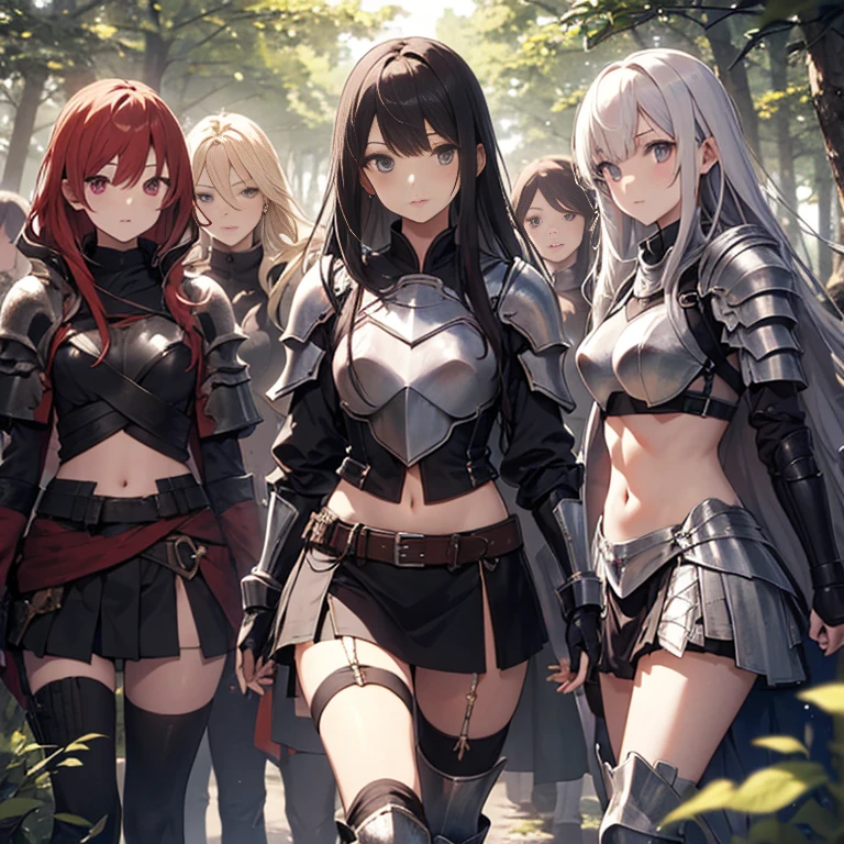 A group of female knight, (in forest), various hair styles, harem, wearing armored clothes, metal armor, night, details face, , short skirt, seducing, midriff
